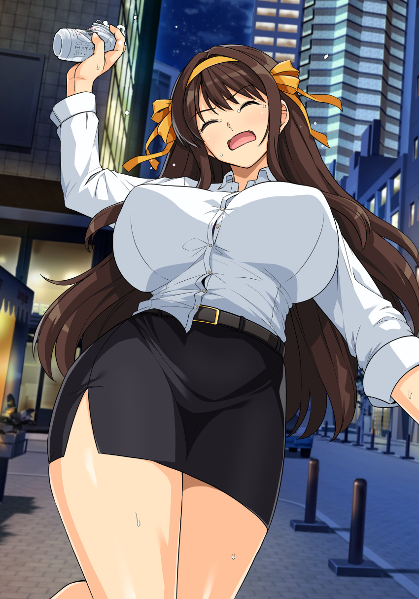 1girl absurdres aged_up belt black_belt black_skirt bollard breasts brown_hair building can car collared_shirt commentary_request drink hair_ribbon hairband hand_up haruhisky highres holding holding_can holding_drink huge_breasts long_hair long_sleeves motor_vehicle night night_sky open_mouth outdoors pencil_skirt ribbon shirt skirt sky skyscraper solo standing suzumiya_haruhi suzumiya_haruhi_no_yuuutsu textless_version thick_thighs thighs tongue white_shirt yellow_hairband yellow_ribbon