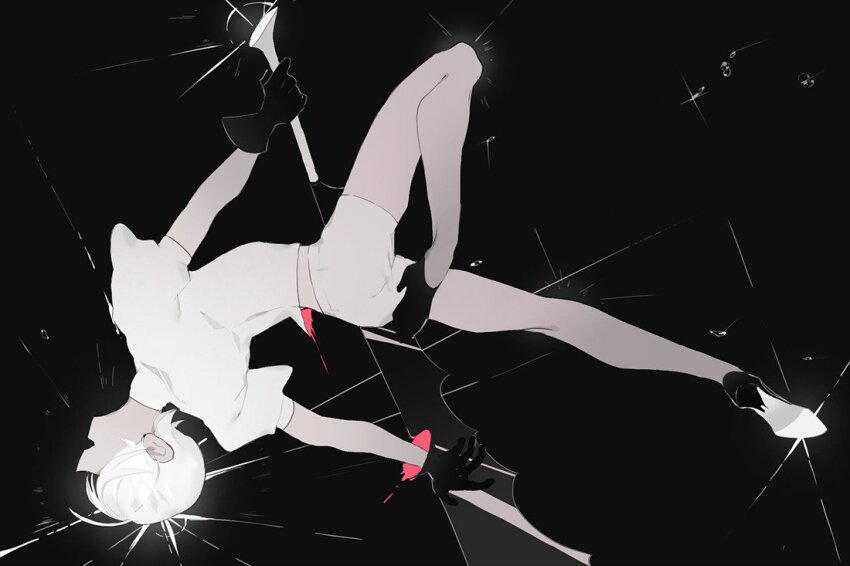 1other antarcticite bad_id bad_twitter_id black_background black_footwear black_gloves covered_eyes dynamic_pose full_body gem_uniform_(houseki_no_kuni) glint gloves glowing glowing_hair high_heels houseki_no_kuni open_mouth other_focus pixiescout profile shirt shoe_soles short_hair short_sleeves shorts smile solo spot_color white_hair white_shirt white_shorts