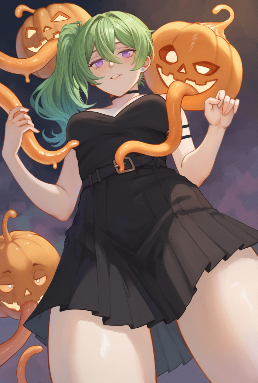 belt black_belt black_choker black_dress breasts choker cleavage dress from_below green_hair hair_between_eyes halloween highres jack-o&#039;-lantern long_tongue looking_at_viewer medium_breasts purple_eyes shchrit side_ponytail smile sousou_no_frieren standing thighs tongue ubel_(sousou_no_frieren) very_long_tongue