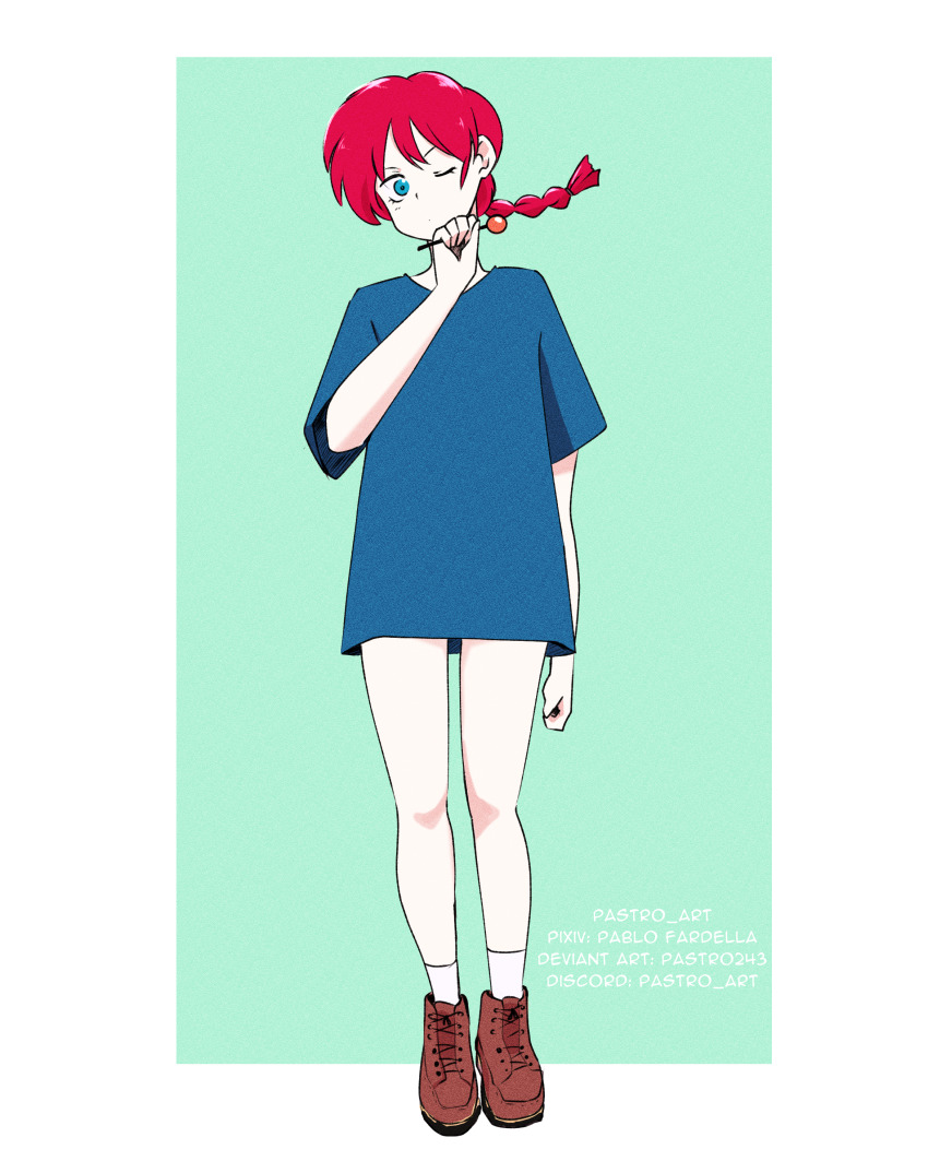 1girl absurdres blue_eyes braid full_body genderswap genderswap_(mtf) highres one_eye_closed pablo_fardella ranma-chan ranma_1/2 red_hair saotome_ranma single_braid solo wink