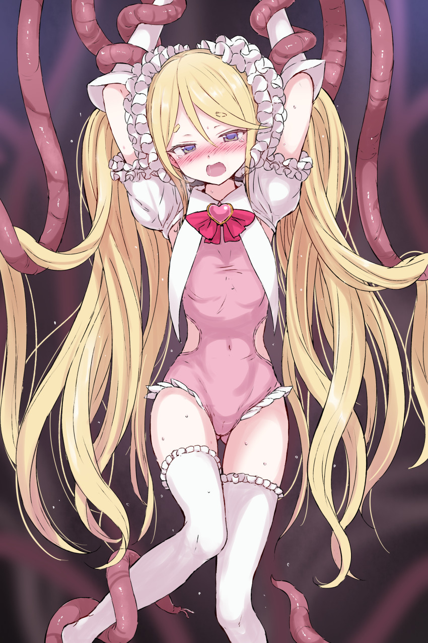 1girl absurdres arms_up blonde_hair blue_eyes blush commission commissioner_upload covered_navel defeat gloves gluteal_fold gulp5959 hana_koi_(gulp5959) highres leotard long_hair magical_girl open_mouth original pink_leotard restrained skeb_commission solo tentacles thigh_gap thighhighs thighs twintails very_long_hair white_gloves white_thighhighs