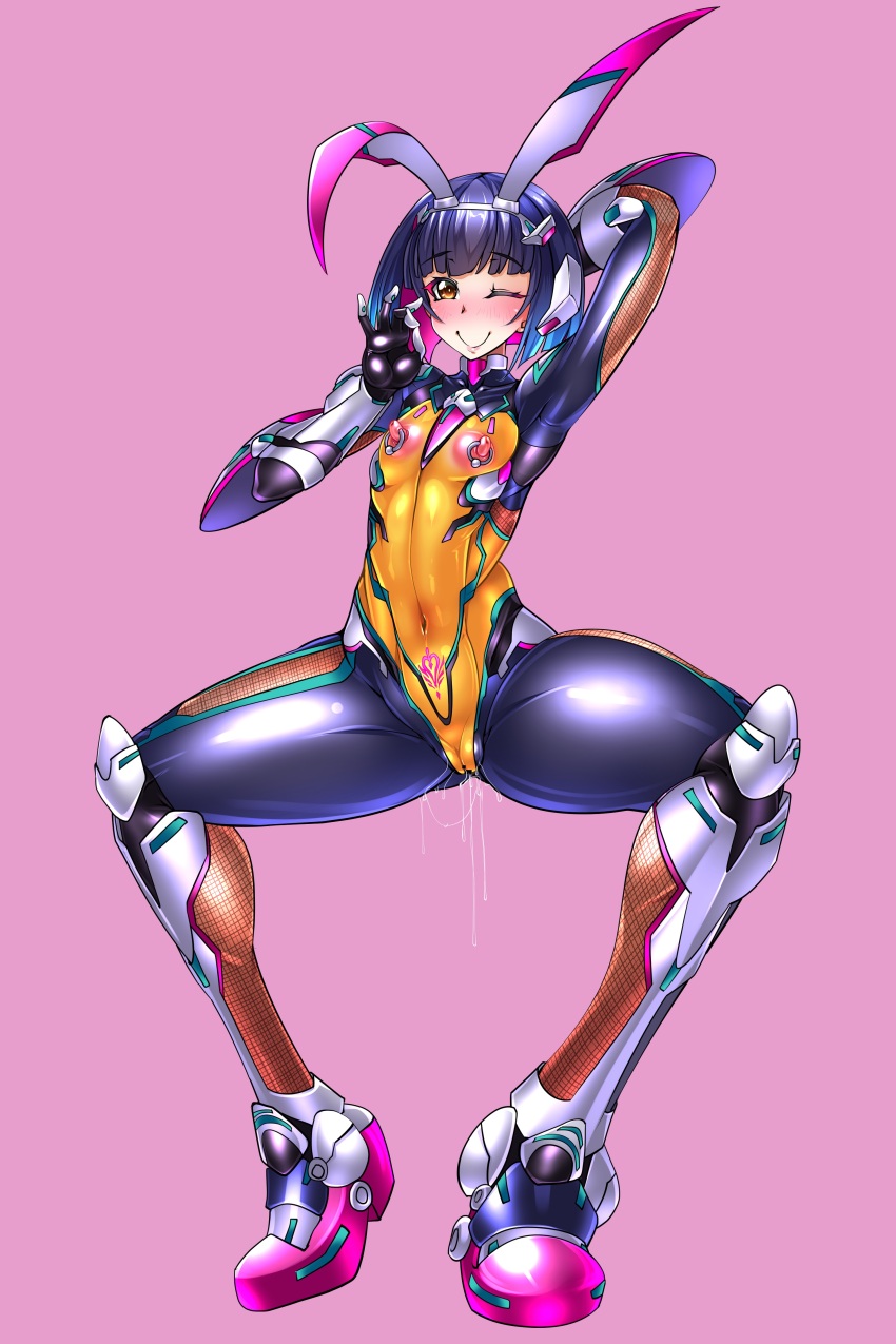 1girl :&gt; absurdres animal_ears arms_up ass blue_hair blush bob_cut bodysuit boots bowlegged_pose breasts brown_eyes cameltoe cleft_of_venus clitoris curvy facing_viewer fake_animal_ears fellatio_gesture female_focus full_body gloves gradient_hair happy high_heels highleg highleg_leotard highres impossible_bodysuit impossible_clothes leotard lips looking_at_viewer masachuusa multicolored_bodysuit multicolored_clothes multicolored_hair nipple_piercing nipple_stimulation nipples piercing pink_background presenting pubic_tattoo pussy_juice rabbit_ears revealing_clothes see-through_clothes see-through_bodysuit see-through_leotard shiny_clothes shiny_skin short_hair simple_background small_breasts smile solo squatting standing taimanin_(series) taimanin_rpgx tattoo thick_thighs thighs thong_leotard tsuzuruki_mikoto wide_hips