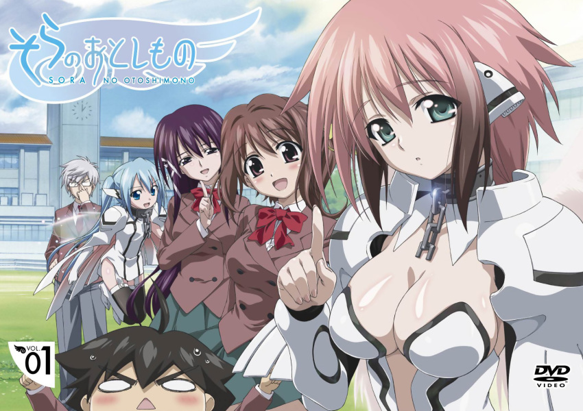 00s 2boys 4girls artist_request blue_eyes blue_hair breasts brown_eyes brown_hair chain cleavage album_cover glasses green_eyes highres ikaros mitsuki_sohara multiple_boys multiple_girls nymph_(sora_no_otoshimono) pink_hair purple_eyes purple_hair sakurai_tomoki satsukitane_mikako scan school_uniform sora_no_otoshimono sugata_eishirou