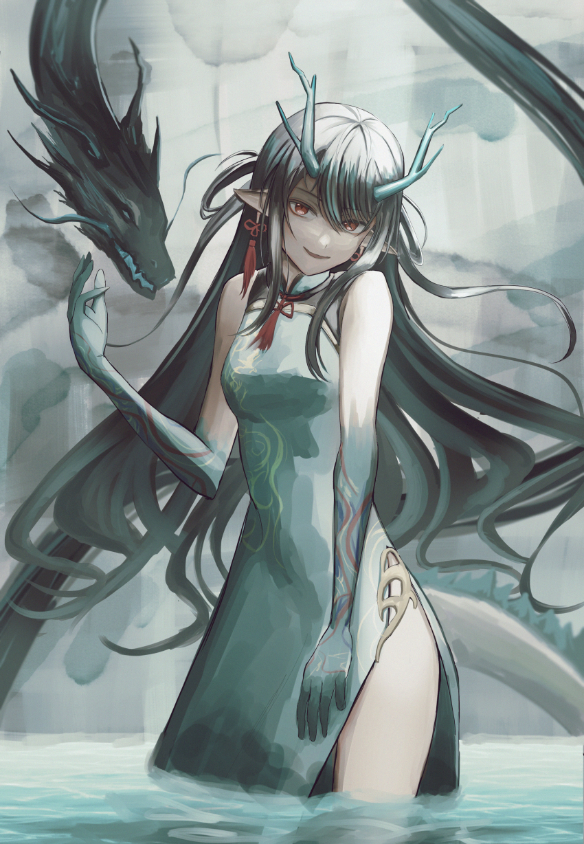 1girl absurdres arknights bare_shoulders black_hair china_dress chinese_clothes colored_skin dragon_girl dragon_horns dragon_tail dress dusk_(arknights) dusk_(everything_is_a_miracle)_(arknights) earrings eastern_dragon_tail gradient_skin green_horns green_skin highres horns jewelry kuro_beyan long_hair looking_at_viewer multicolored_hair pointy_ears red_eyes solo streaked_hair tail tassel tassel_earrings