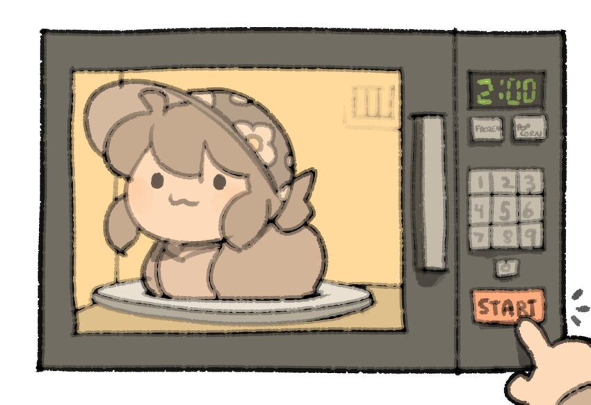 :3 artist_self-insert brown_hair brown_shirt cat_loaf floral_print hat medium_hair on_plate original oven shirt temmie_chang temmie_chang_(character)