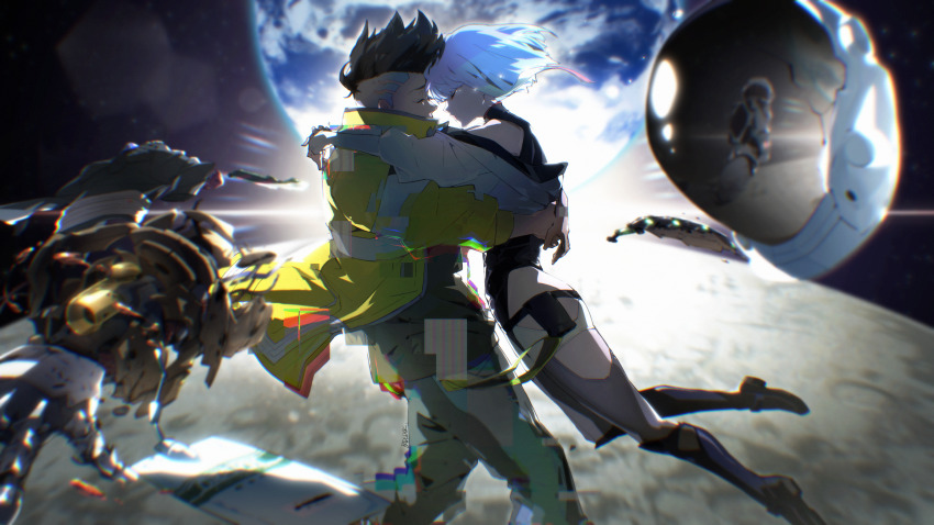 1boy 1girl absurdres badluck closed_eyes cyberpunk cyberpunk_(series) cyberpunk_edgerunners david_martinez earth_(planet) floating helmet highres hug lens_flare lucy_(cyberpunk) mechanical_arms moon planet samurai_jacket_(cyberpunk) space_helmet