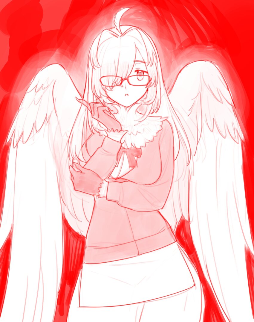 1girl absurdres ahoge animal_hands body_fur bow breasts feathered_wings glasses hair_intakes hair_over_one_eye harpy highres long_hair medium_breasts monster_girl neck_fur open_mouth red_background red_theme simple_background skirt solo tareme tokyo_houkago_summoners tyou wings ziz_(housamo)