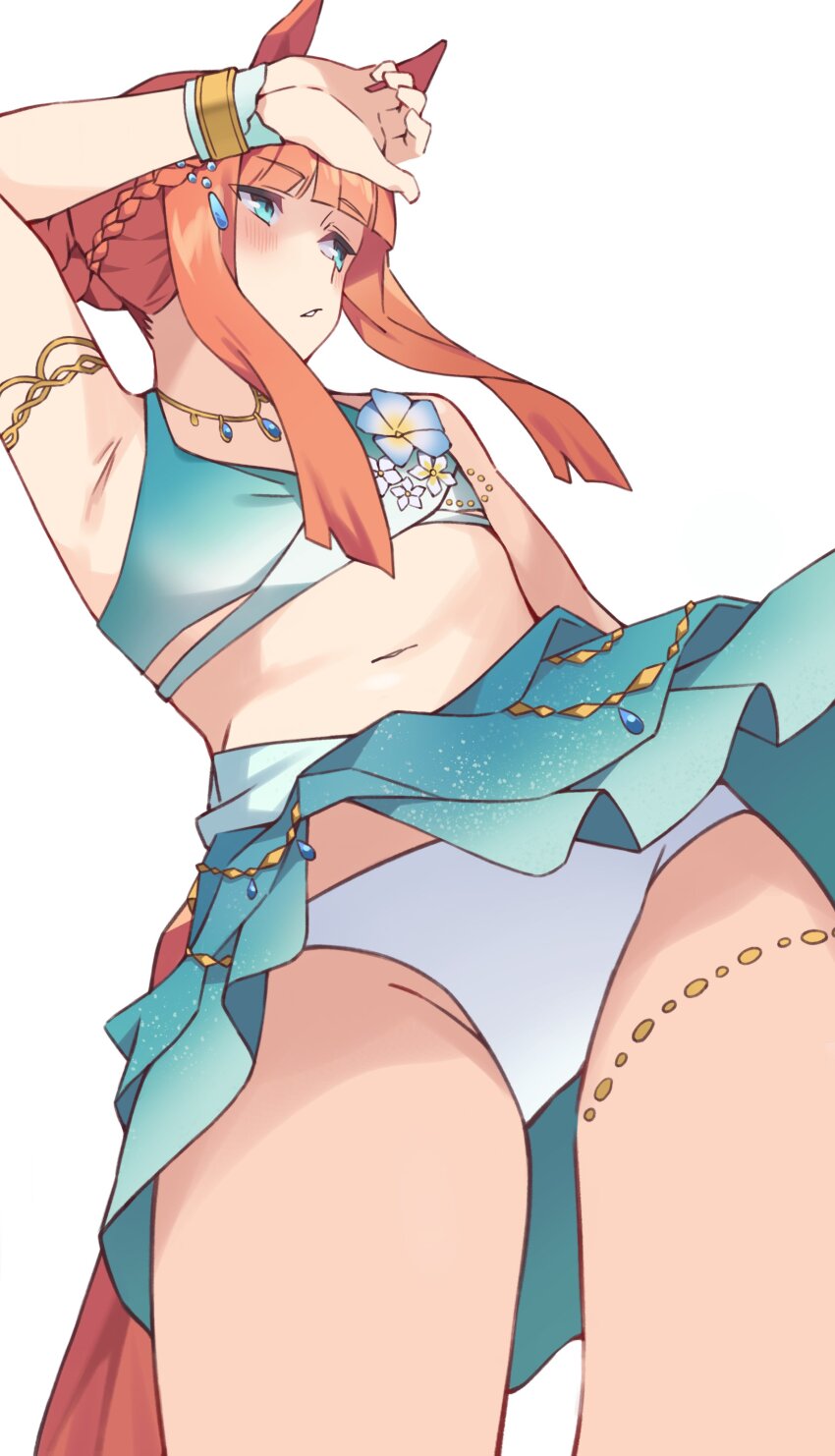 1girl absurdres animal_ears arm_up armlet armpits bare_shoulders bikini blue_eyes blunt_bangs blush bracelet breasts cowboy_shot from_below highres horse_ears horse_girl horse_tail jewelry long_hair looking_to_the_side midriff navel orange_hair parted_lips pirukusu sarong silence_suzuka_(emerald_on_the_waves)_(umamusume) silence_suzuka_(umamusume) simple_background small_breasts solo standing stomach swimsuit swimsuit_skirt tail thighs umamusume white_background white_bikini