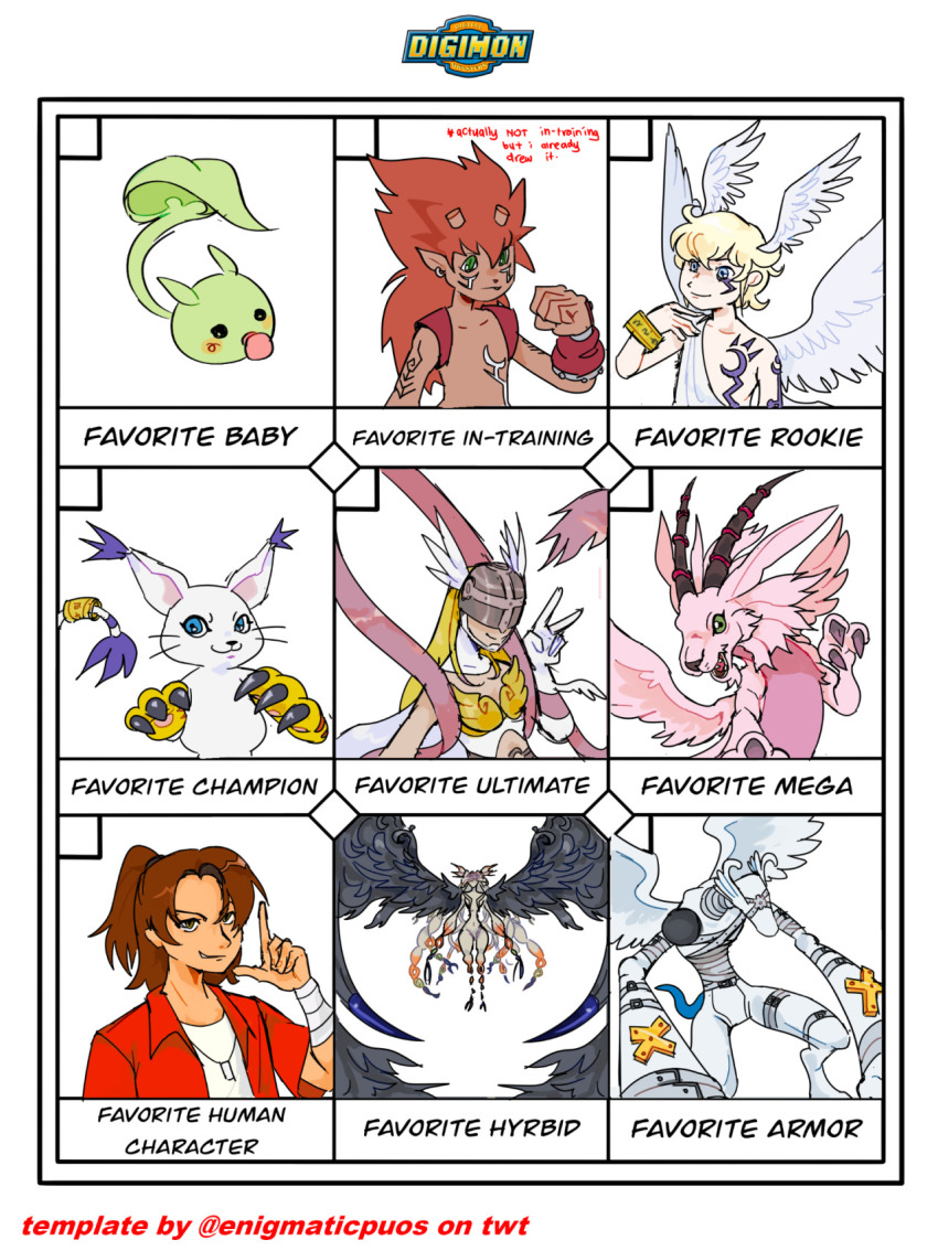 1boy 2boys 3boys angel angel_girl angewomon daimon_masaru_(digimon_savers) digimon digimon_(creature) flamon gargomon head_wings highres holydramon leafmon long_hair lucemon mask multiple_boys ordinemon tailmon wings