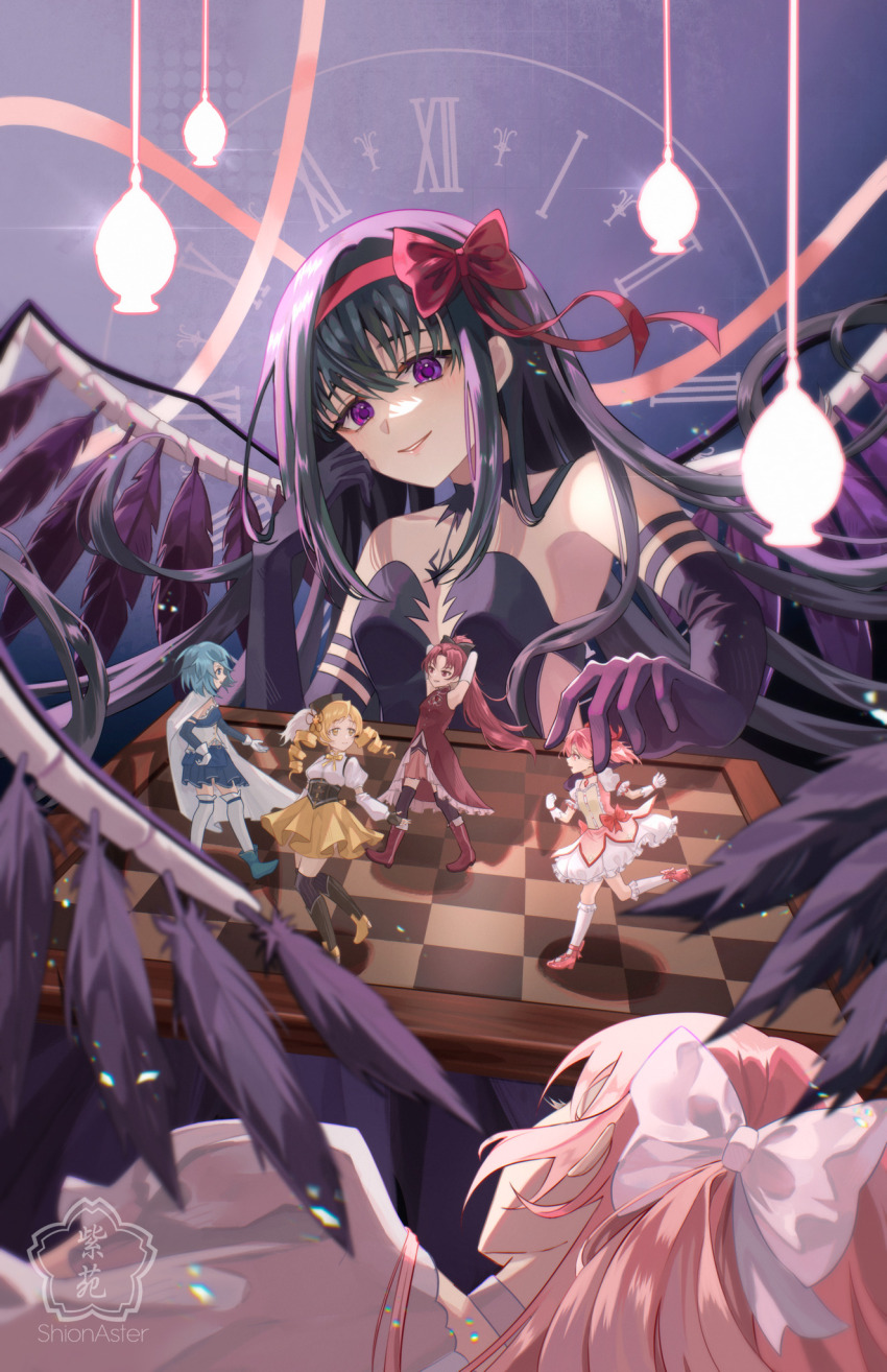 5girls akemi_homura akuma_homura arms_behind_head artist_logo artist_name black_dress black_gloves black_hair black_thighhighs black_wings blonde_hair blue_eyes blue_footwear blue_hair bob_cut bow cape chessboard clock commentary dress drill_hair elbow_gloves english_commentary feathered_wings foot_up german_commentary gloves hair_ribbon highres kaname_madoka kaname_madoka_(magical_girl) logo long_hair magical_girl mahou_shoujo_madoka_magica miki_sayaka miki_sayaka_(magical_girl) mini_person minigirl mixed-language_commentary multiple_girls pink_eyes pink_footwear pink_hair pink_ribbon purple_eyes red_bow red_dress red_eyes red_footwear red_hair red_ribbon ribbon roman_numeral running sakura_kyoko sakura_kyoko_(magical_girl) shionaster short_hair smile socks thighhighs tomoe_mami tomoe_mami_(magical_girl) twin_drills ultimate_madoka very_long_hair white_bow white_cape white_gloves white_socks wings yellow_eyes yellow_footwear