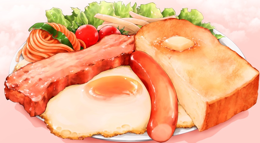 bread bread_slice cherry_tomato commentary_request food food_focus fried_egg highres lettuce no_humans ooranokohaku original pasta plate sausage spaghetti still_life toast tomato