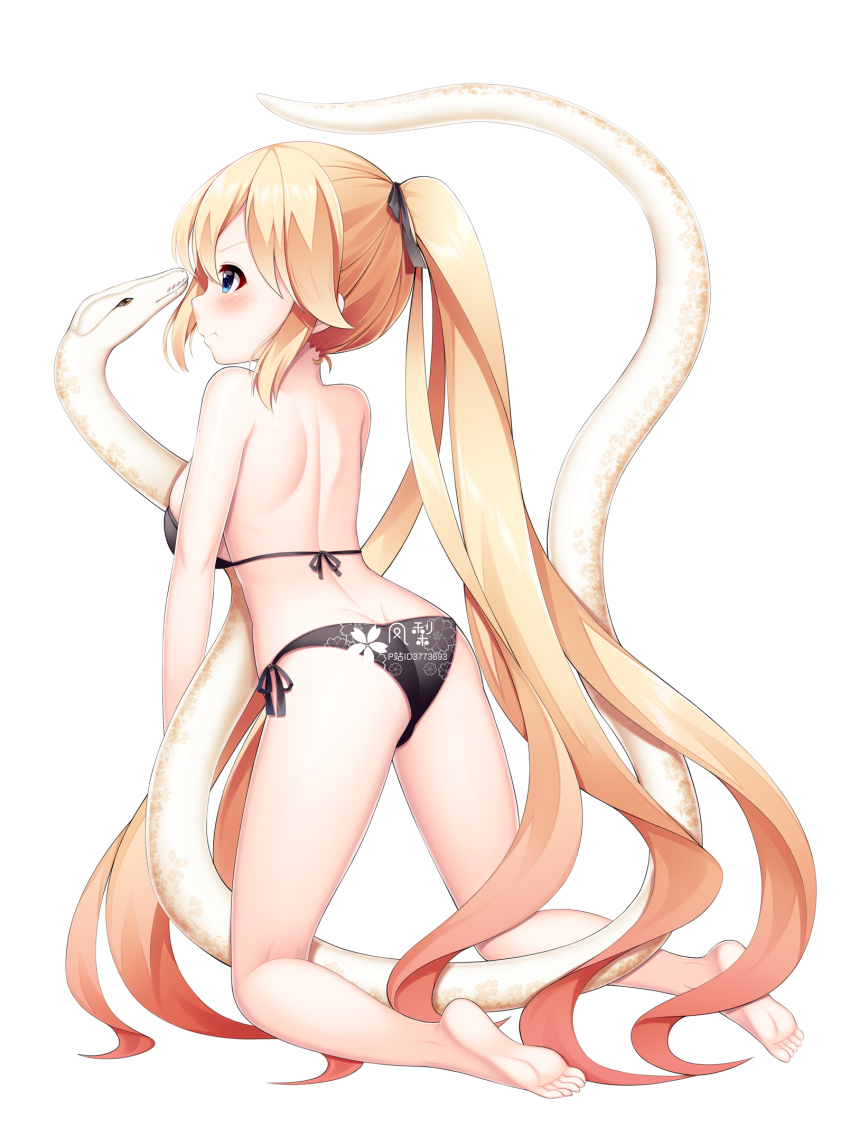 1girl :t animal archerfish_(warship_girls_r) ass bare_arms bare_legs bare_shoulders barefoot bikini black_bikini blonde_hair blue_eyes blush breasts closed_mouth commentary_request fengli_(709622571) floral_print from_behind full_body hair_between_eyes highres kneeling long_hair looking_away medium_breasts ponytail pout print_bikini profile side-tie_bikini_bottom simple_background snake soles solo swimsuit v-shaped_eyebrows very_long_hair warship_girls_r white_background white_snake