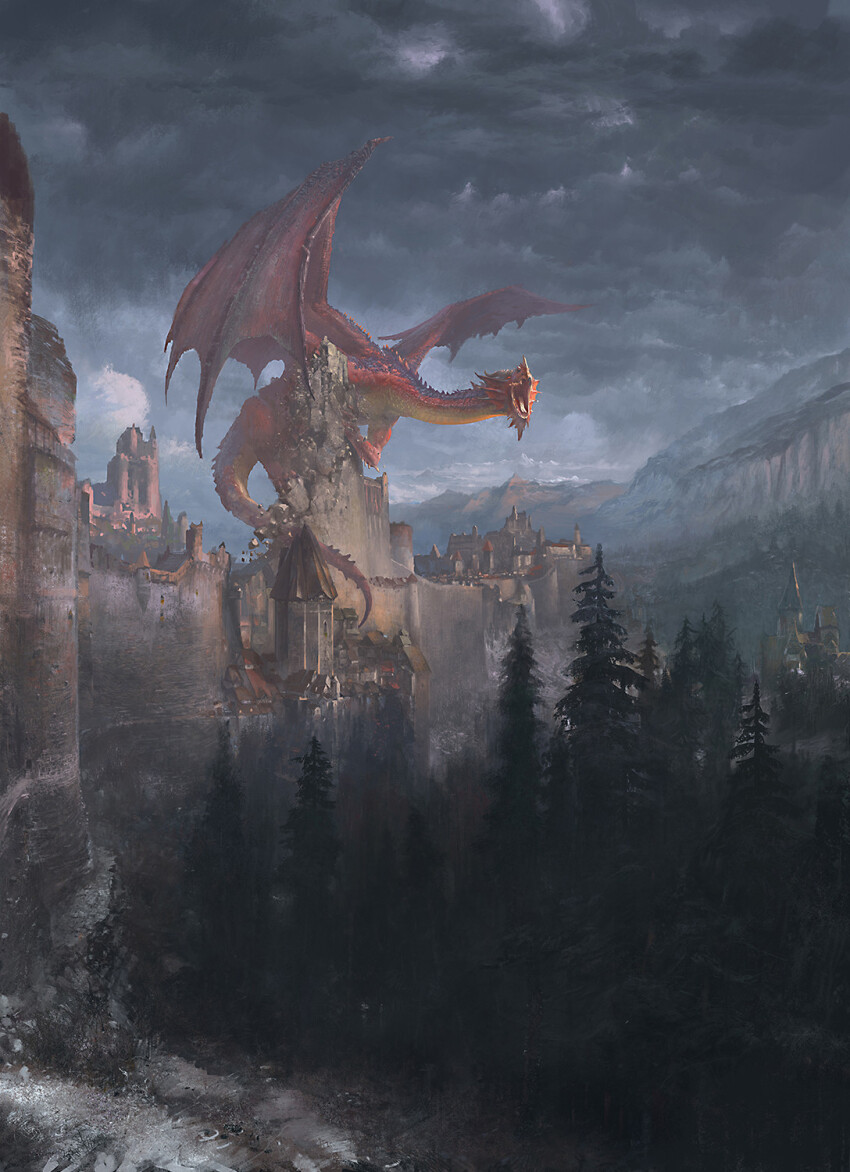 animal_focus castle city day debris dragon fantasy fins giant giant_monster head_fins highres liu_hand mountainous_horizon no_humans open_mouth original outdoors overcast pine_tree realistic scenery sky tree western_dragon wings