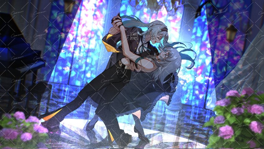 2girls ^_^ bare_shoulders black_dress black_gloves black_hairband black_jacket black_pants black_ribbon closed_eyes collared_shirt dancing dress firefly_(honkai:_star_rail) firefly_(jepella_rebellion)_(honkai:_star_rail) flower full_body gloves grey_hair hair_between_eyes hair_intakes hair_ornament hairband high_heels highres holding_hands honkai:_star_rail honkai_(series) jacket long_hair looking_at_another multiple_girls official_alternate_costume pants ribbon ryrmcher shirt stelle_(honkai:_star_rail) trailblazer_(honkai:_star_rail) white_shirt yellow_eyes