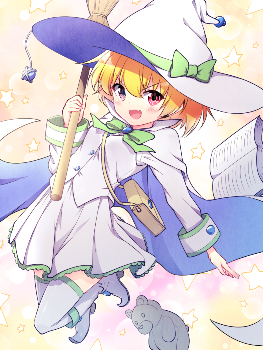 1girl absurdres bag blonde_hair blush bow broom commentary_request fang green_bow hat hat_bow hazumi_otoya highres higurashi_no_naku_koro_ni houjou_satoko long_sleeves looking_at_viewer open_mouth purple_eyes red_eyes shirt short_hair shoulder_bag skin_fang skirt solo star_(symbol) star_symbol_background stuffed_animal stuffed_toy teddy_bear thighhighs white_hat white_shirt white_skirt white_thighhighs witch witch_hat