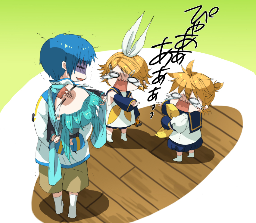 2boys 2girls blonde_hair blue_hair child hatsune_miku highres kagamine_len kagamine_rin kaito_(vocaloid) kunieda_(miniaturegarden) multiple_boys multiple_girls short_hair strangling tears trembling twintails vocaloid aged_down