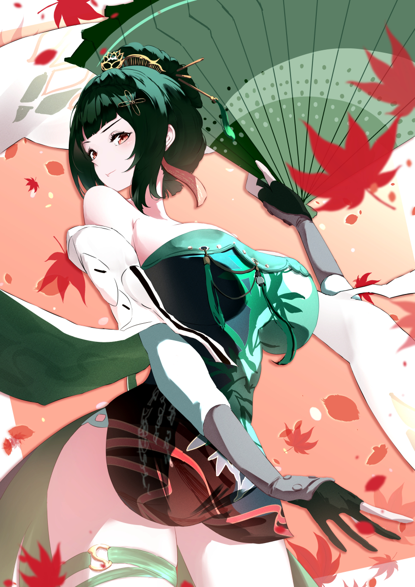 1girl absurdres breasts chinese_hairpin cleavage closed_mouth dress elbow_gloves folding_fan gloves green_dress green_hair hair_ornament hand_fan hanying:_zitherwoe_(pgr) hanying_(pgr) highres holding holding_fan jewelry large_breasts partially_fingerless_gloves punishing:_gray_raven sidelocks solo takashi_san thigh_strap