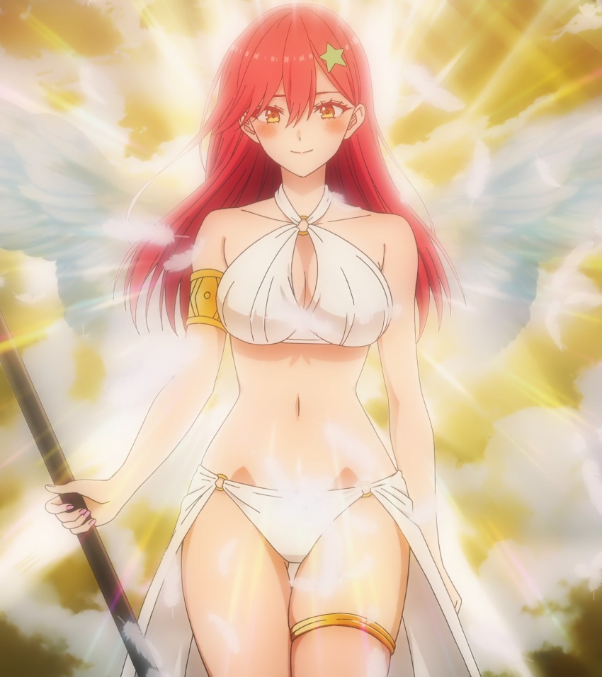 1girl 2.5_jigen_no_ririsa anime_screenshot blush breasts cleavage cosplay criss-cross_halter feathers hair_ornament halterneck highres jewelry kisaki_aria large_breasts long_hair looking_at_viewer navel o-ring panties red_hair smile star_(symbol) star_hair_ornament stitched stomach thigh_gap thighlet thighs third-party_edit underwear white_panties wide_hips yellow_eyes