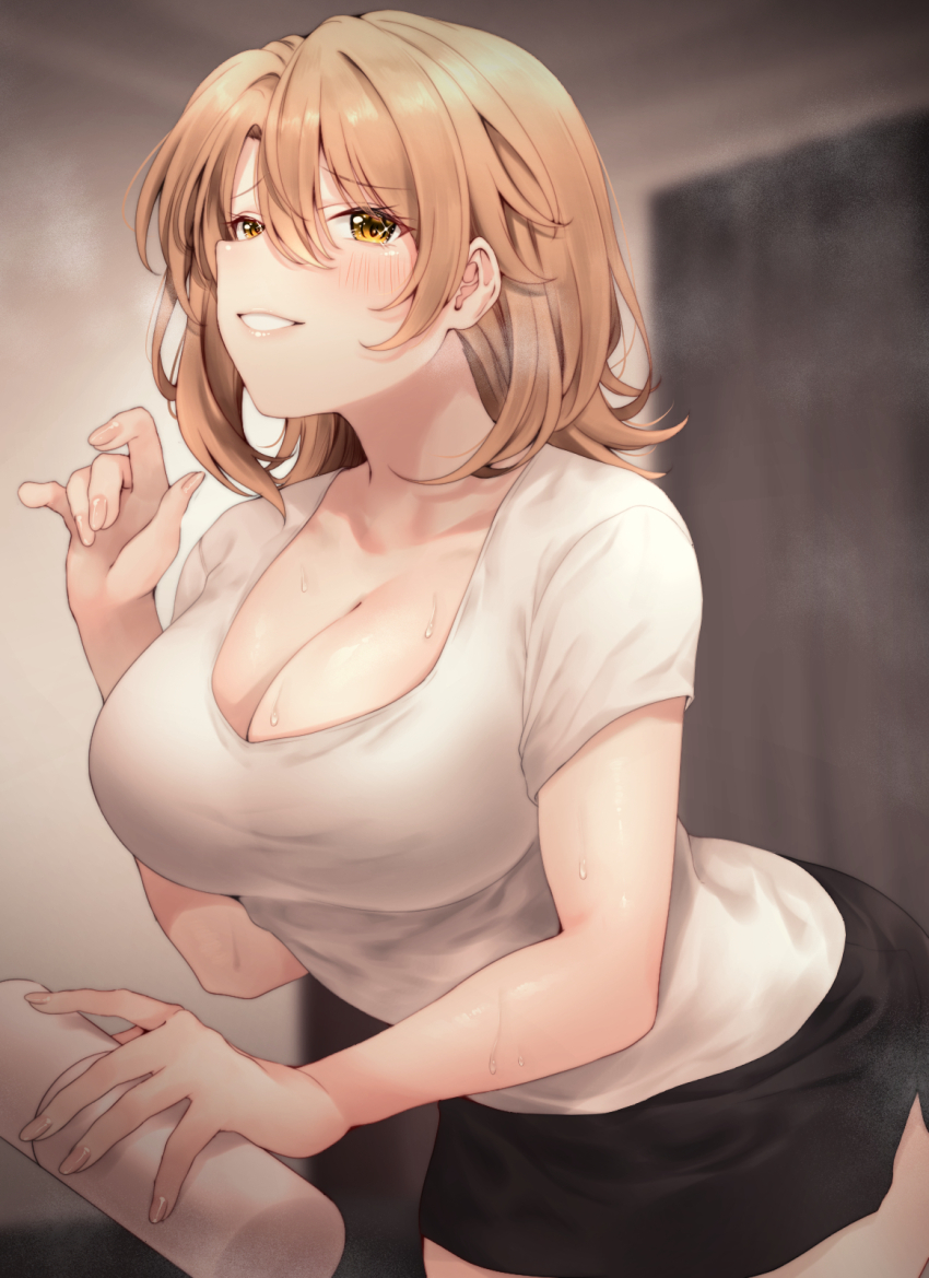 1girl alternate_costume black_skirt blush breasts brown_eyes cleavage clenched_teeth collarbone curtains hand_up highres holding_thermos indoors isshiki_iroha large_breasts leaning_forward medium_hair miniskirt pencil_skirt red_hayao shirt skirt solo t-shirt teeth thermos white_shirt yahari_ore_no_seishun_lovecome_wa_machigatteiru. yellow_eyes