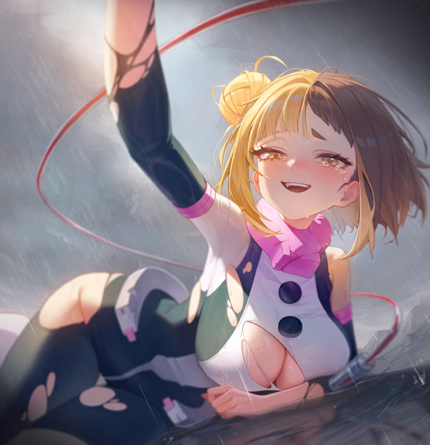 1girl absurdres black_bodysuit blonde_hair bodysuit boku_no_hero_academia breasts brown_hair cleavage crying crying_with_eyes_open fusion highres hyeon_sungshin large_breasts lying multicolored_bodysuit multicolored_clothes on_side outdoors rain sweat tears toga_himiko torn_bodysuit torn_clothes uraraka_ochako white_bodysuit yellow_eyes