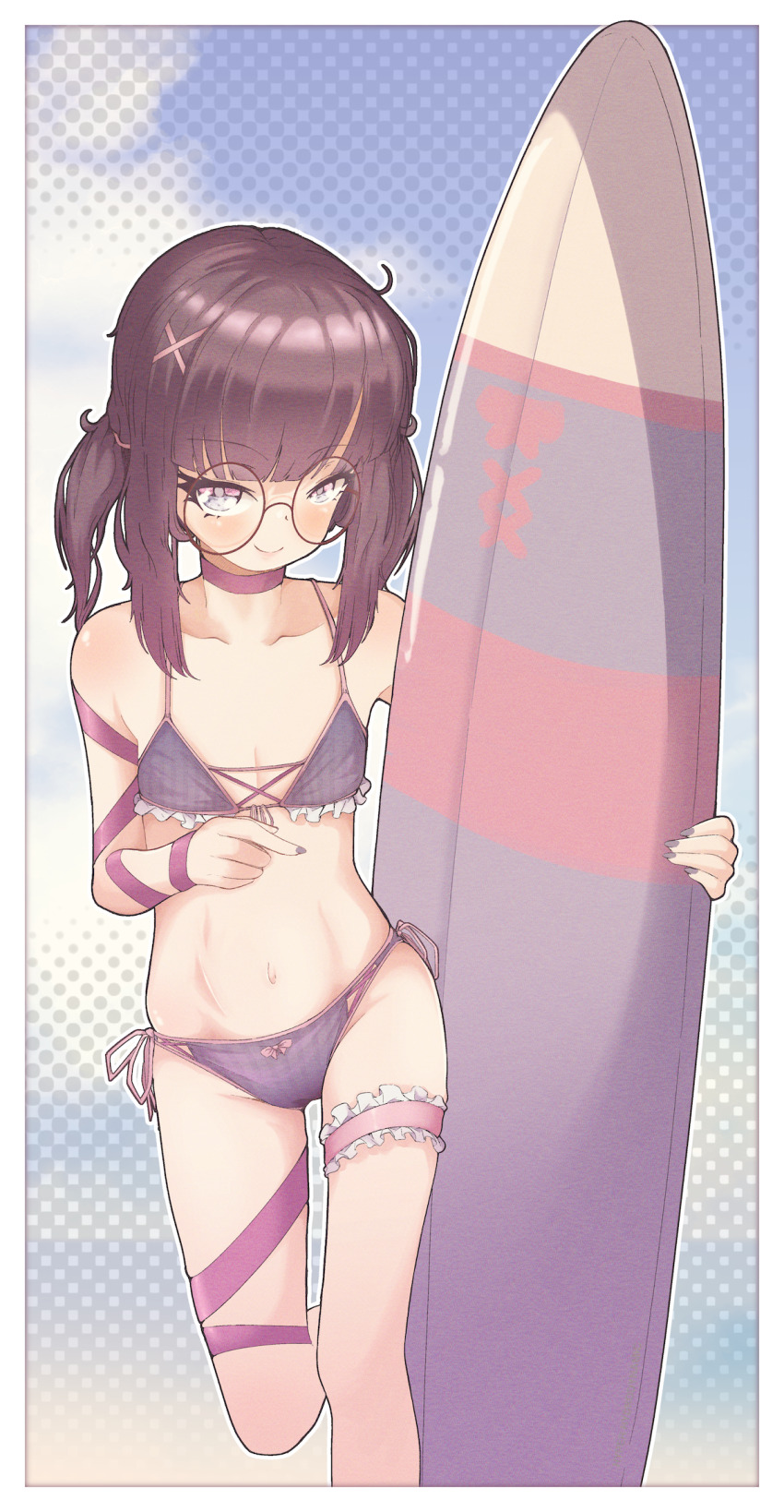 1girl bikini bow bow_bikini breasts brown_bikini brown_hair choker fallenshadow glasses hair_ornament hairclip highres indie_virtual_youtuber leg_ribbon leg_up long_hair navel pettan_(zeez4743) pink_eyes ribbon side-tie_bikini_bottom small_breasts smile solo standing standing_on_one_leg stomach surfboard swimsuit thigh_ribbon twintails virtual_youtuber