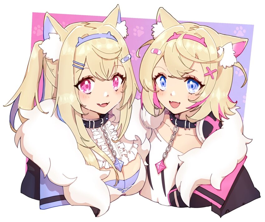 2girls :d animal_ear_fluff animal_ears bandaid bandaid_hair_ornament belt_collar black_collar blonde_hair blue_eyes blue_hair blush breasts center_frills chain cleavage collar collarbone commentary_request cropped_torso crossed_bangs detached_collar dog_ears dog_girl fangs flat_chest frills fur-trimmed_jacket fur_trim fuwamoco fuwawa_abyssgard fuwawa_abyssgard_(1st_costume) hair_ornament hair_over_shoulder hairband hairclip highres hololive hololive_english jacket large_breasts long_hair looking_at_viewer mococo_abyssgard mococo_abyssgard_(1st_costume) multicolored_background multicolored_hair multiple_girls naekam open_mouth pink_eyes pink_hair pink_hairband ponytail purple_hairband shirt short_hair siblings side-by-side sidelocks sisters skin_fangs smile spiked_collar spikes streaked_hair twins two_side_up virtual_youtuber white_shirt x_hair_ornament