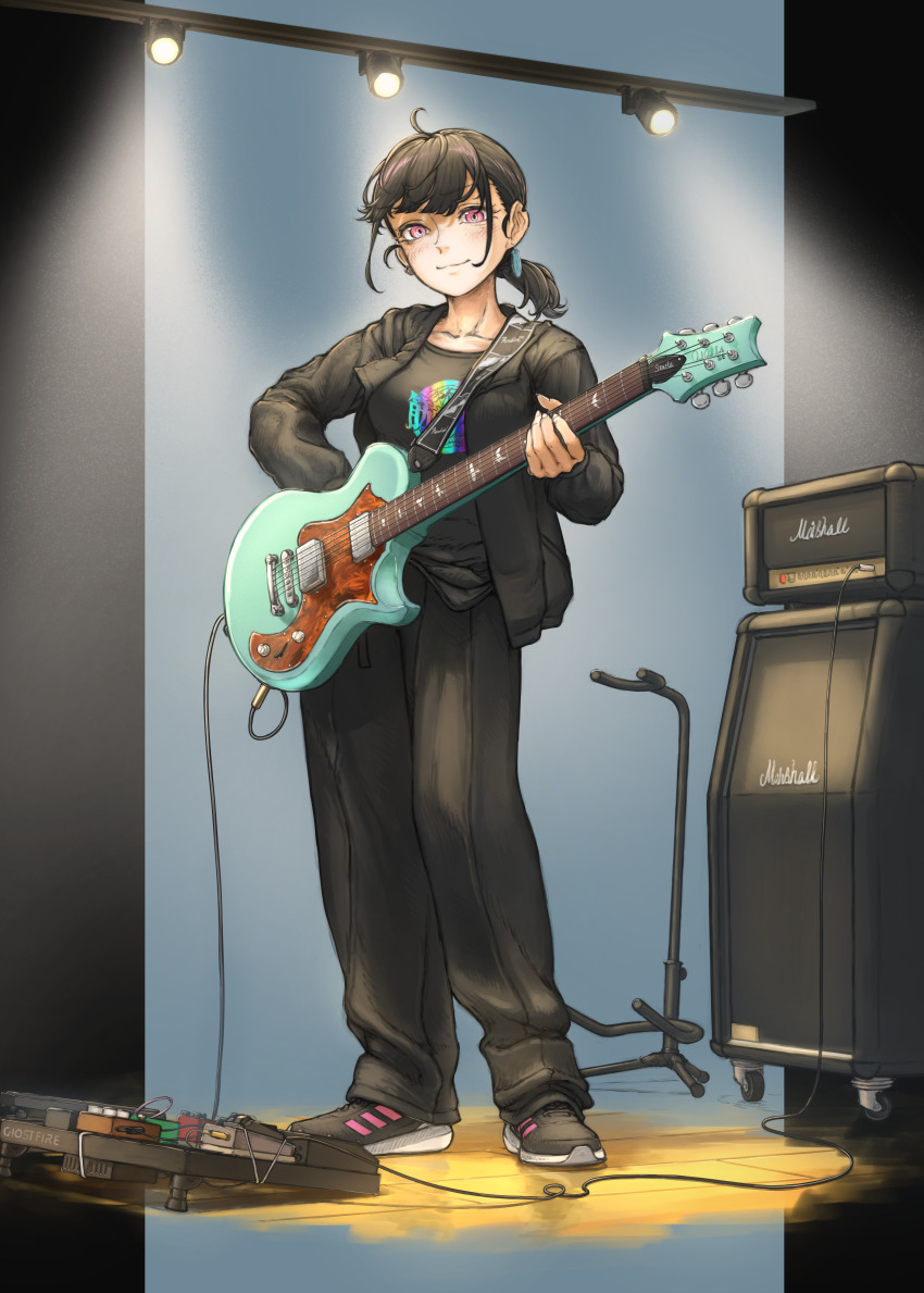 1girl absurdres amplifier black_hair blush commentary_request commission effects_pedal electric_guitar full_body guitar highres instrument jacket looking_at_viewer medium_hair mji_(emucchi) open_clothes open_jacket original pedal_board pink_eyes ponytail shirt shoes skeb_commission smile sneakers solo stage_lights variant_set