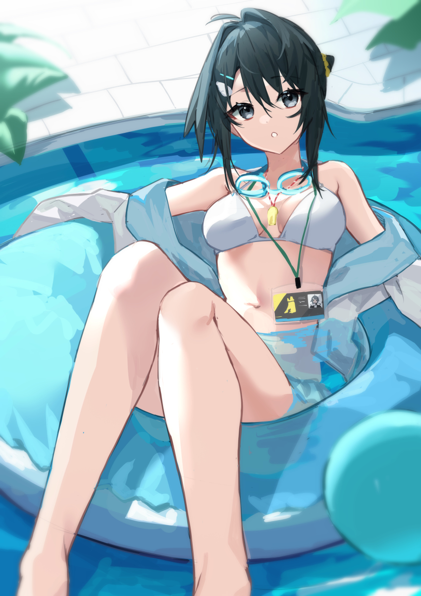 1girl absurdres arknights bikini black_eyes black_hair breasts commentary_request goggles goggles_around_neck gomago_magoma hair_ornament hairclip highres id_card innertube jacket jacket_over_swimsuit la_pluma_(arknights) la_pluma_(summer_flowers)_(arknights) lanyard long_sleeves looking_at_viewer medium_breasts navel official_alternate_costume open_clothes open_jacket open_mouth pool short_hair solo stomach swim_ring swimsuit water white_bikini white_jacket wing_hair_ornament