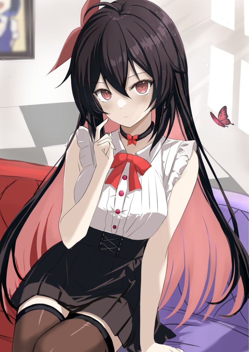 1girl black_choker black_hair black_skirt black_thighhighs bow bowtie bug butterfly choker collared_shirt colored_inner_hair commentary finger_to_cheek hair_between_eyes high-waist_skirt highres honkai_(series) honkai_impact_3rd insect long_hair multicolored_hair red_bow red_bowtie red_butterfly red_eyes red_hair seele_(alter_ego) seele_vollerei shirt sitting skirt sleeveless sleeveless_shirt solo thighhighs two-tone_hair unifox0123 very_long_hair white_shirt window_shadow