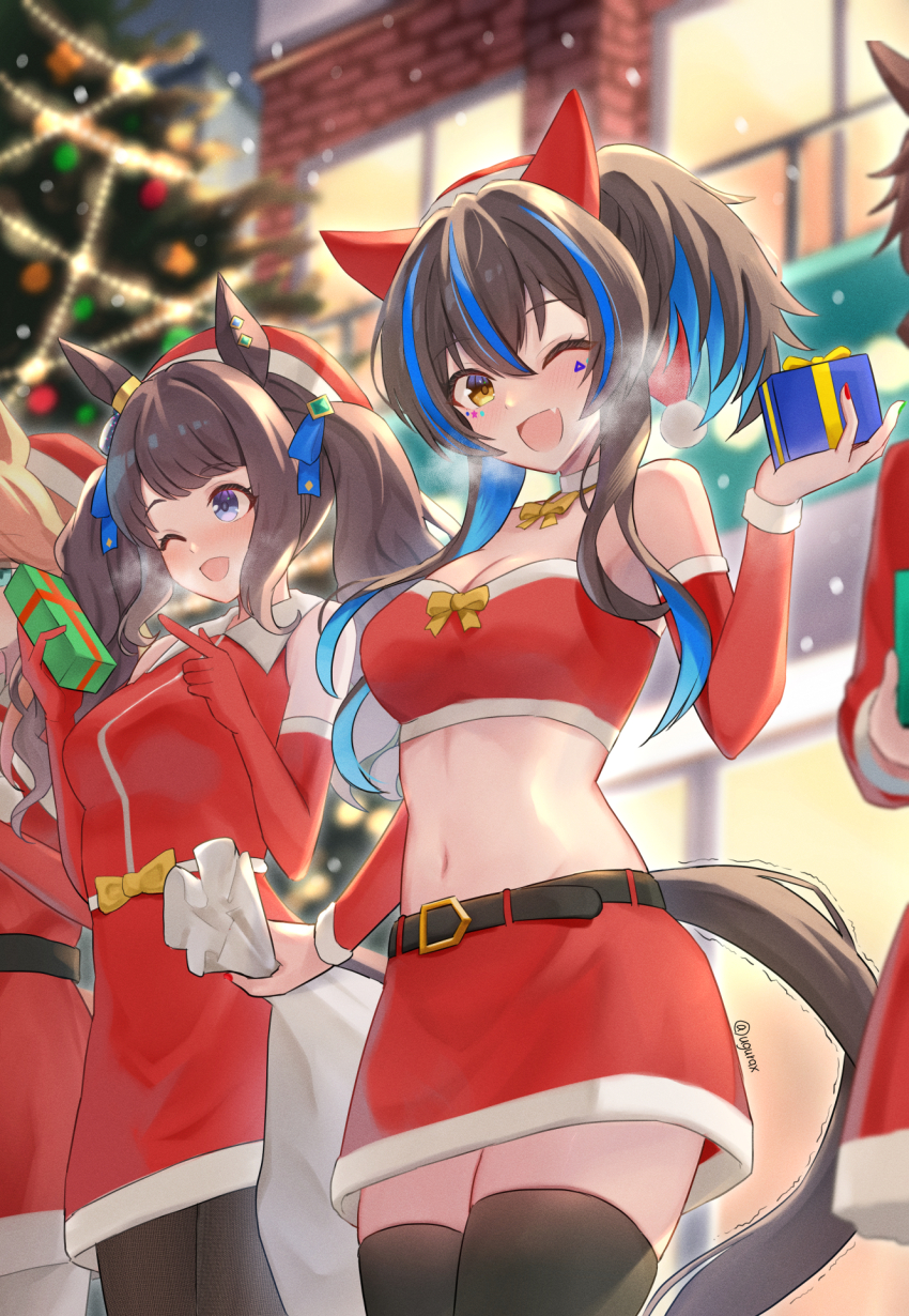 4girls animal_ears black_pantyhose black_thighhighs blue_hair box brown_hair building christmas christmas_tree colored_inner_hair commentary_request cowboy_shot daitaku_helios_(umamusume) ear_covers fur-trimmed_skirt fur_trim gift gift_box gold_city_(umamusume) highres horse_ears horse_girl horse_tail long_hair medium_hair mejiro_palmer_(umamusume) multicolored_hair multiple_girls nail_polish night outdoors pantyhose purple_eyes red_nails side_ponytail skirt smile snow snowing streaked_hair tail thighhighs tosen_jordan_(umamusume) twintails twitter_username ugura_(ugurax) umamusume