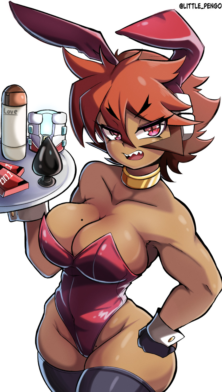 1girl absurdres animal_ears atlas_(mega_man) black_thighhighs breasts brown_hair butt_plug cleavage collarbone dark-skinned_female dark_skin fake_animal_ears highres holding holding_tray large_breasts leotard littlepengo mega_man_(series) mega_man_zx mega_man_zx_advent mole mole_on_breast multicolored_hair orange_hair playboy_bunny rabbit_ears red_eyes red_leotard robot_ears sex_toy simple_background solo strapless strapless_leotard thighhighs tray twitter_username two-tone_hair white_background