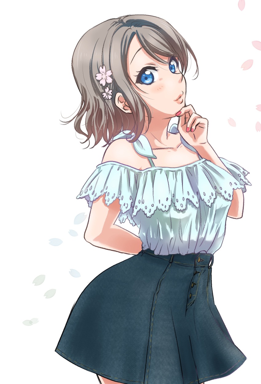 1girl absurdres arm_behind_back blouse blue_eyes blue_shirt blush female_focus flower grey_hair hair_flower hair_ornament hand_on_own_chin highres lace_trim light_blush lips looking_at_viewer love_live! love_live!_school_idol_festival love_live!_sunshine!! nail_polish petals pink_nails rippe shirt shirt_tucked_in short_hair simple_background skirt solo watanabe_you white_background