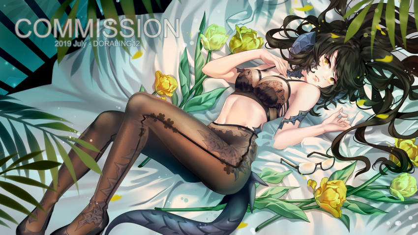 1girl au_ra black-framed_eyewear black_bra black_hair black_pantyhose blush bra breasts cleavage commission unworn_eyewear final_fantasy final_fantasy_xiv glasses large_breasts ling_(doraling12) long_hair looking_at_viewer lying navel on_back pantyhose parted_lips semi-rimless_eyewear smile solo sylvie_clos under-rim_eyewear underwear yellow_eyes