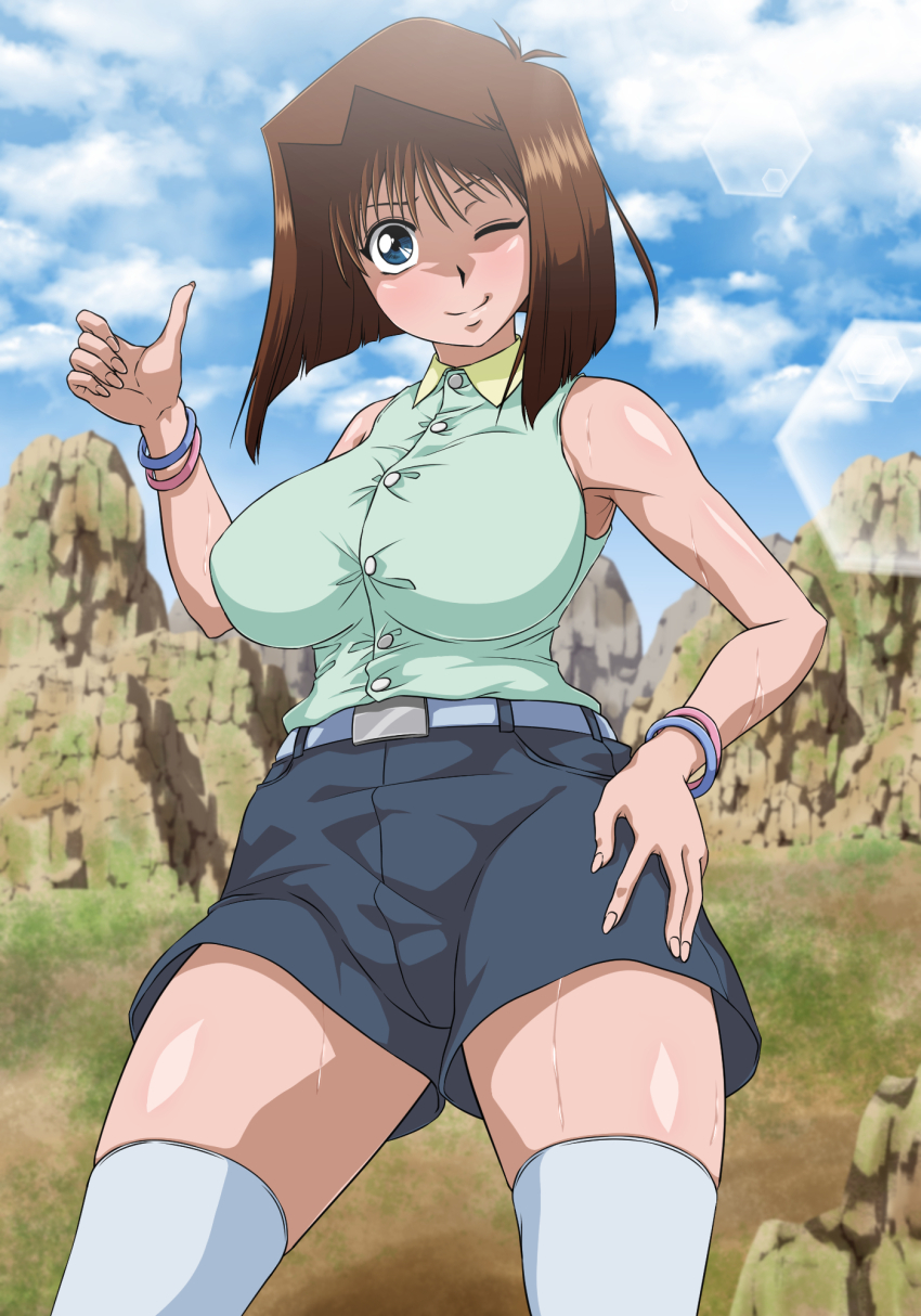 1girl blue_eyes blush bracelet breasts brown_hair curvy day feet_up female_focus hand_on_own_hip highres hitchhiking jewelry large_breasts looking_at_viewer mazaki_anzu one_eye_closed outdoors red_wolf solo standing sweat thick_thighs thighs wink yu-gi-oh! yu-gi-oh!_duel_monsters