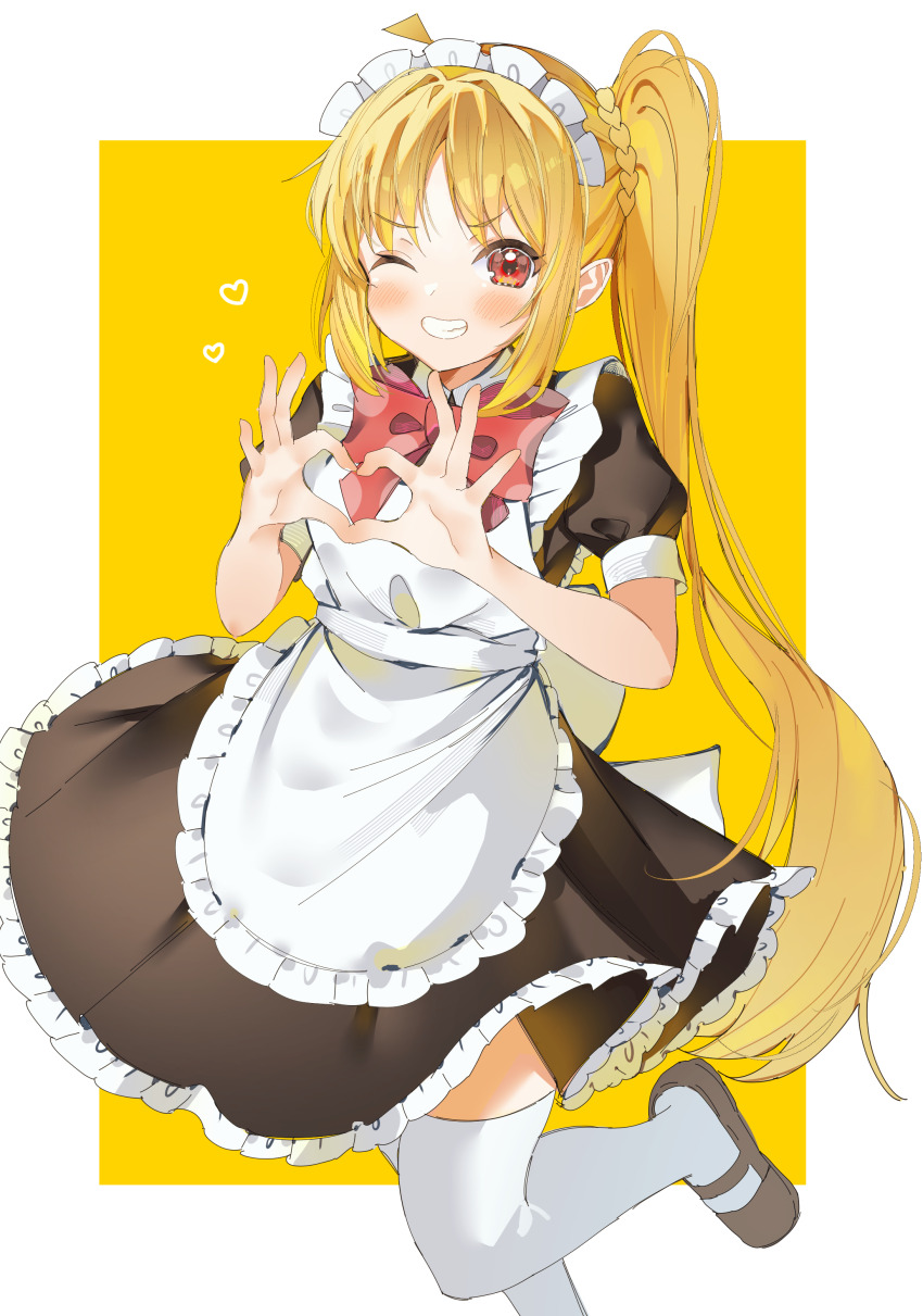 1girl absurdres ahoge apron back_bow black_dress black_footwear blonde_hair blush bocchi_the_rock! border bow bowtie dress frilled_apron frills grin highres ijichi_nijika long_hair looking_at_viewer maid maid_apron maid_headdress mary_janes one_eye_closed red_bow red_bowtie red_eyes shoes short_sleeves side_ponytail sidelocks simple_background smile solo thighhighs very_long_hair waist_bow wasemkn white_apron white_border white_thighhighs yellow_background