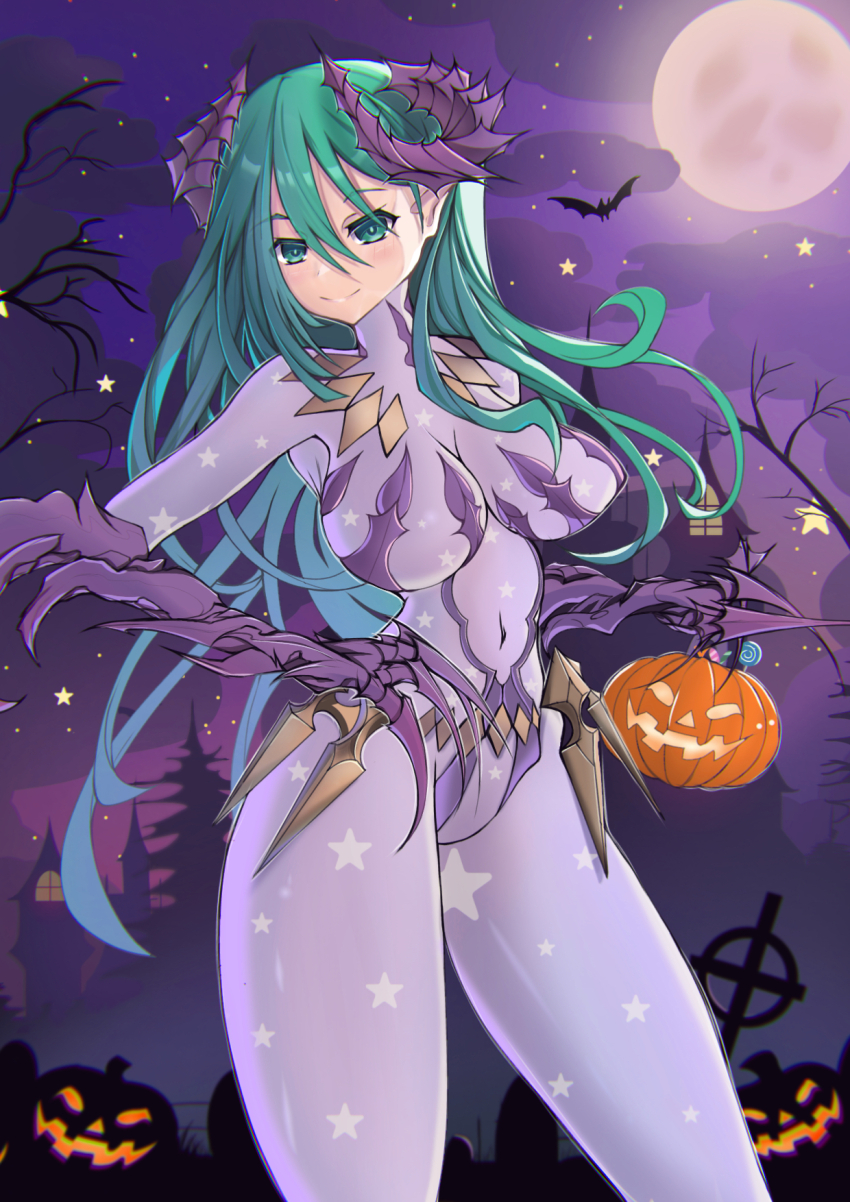 1girl breasts claws costume date_a_live green_eyes green_hair halloween halloween_bucket halloween_costume horns kuro1tanaka kyouno_natsumi long_hair solo thighs