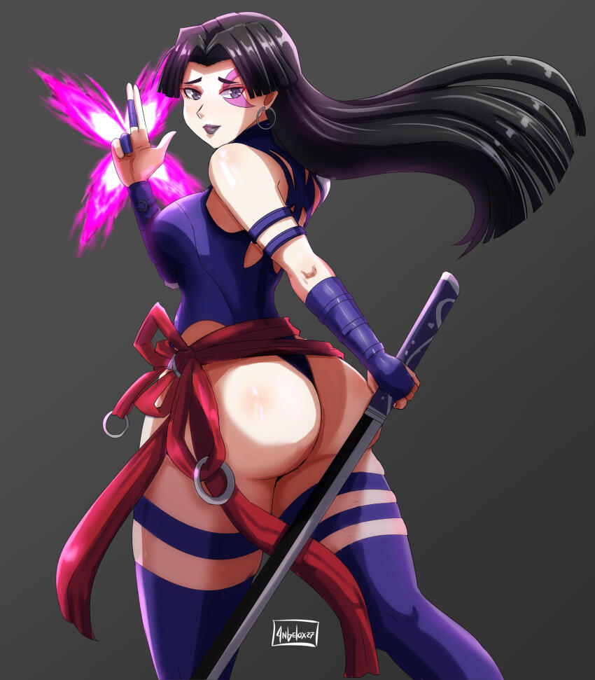 angelox27 ass black_hair highres katana leotard marvel marvel_rivals ninja psylocke psylocke_(vengeance) purple_eyes sword weapon x-men