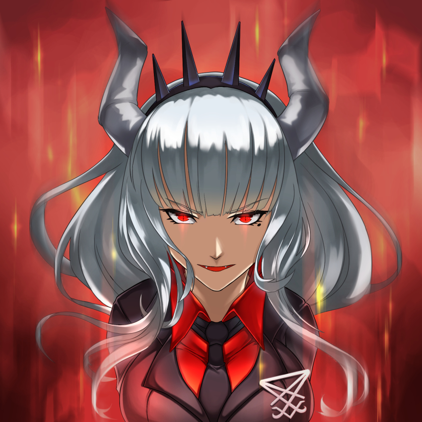 1girl blunt_bangs breasts business_suit fangs formal_clothes glowing glowing_eyes helltaker highres horns indy_k large_breasts long_hair looking_at_viewer lucifer_(helltaker) mole mole_under_eye necktie neckwear_request red_eyes red_shirt shirt solo suit white_hair white_horns