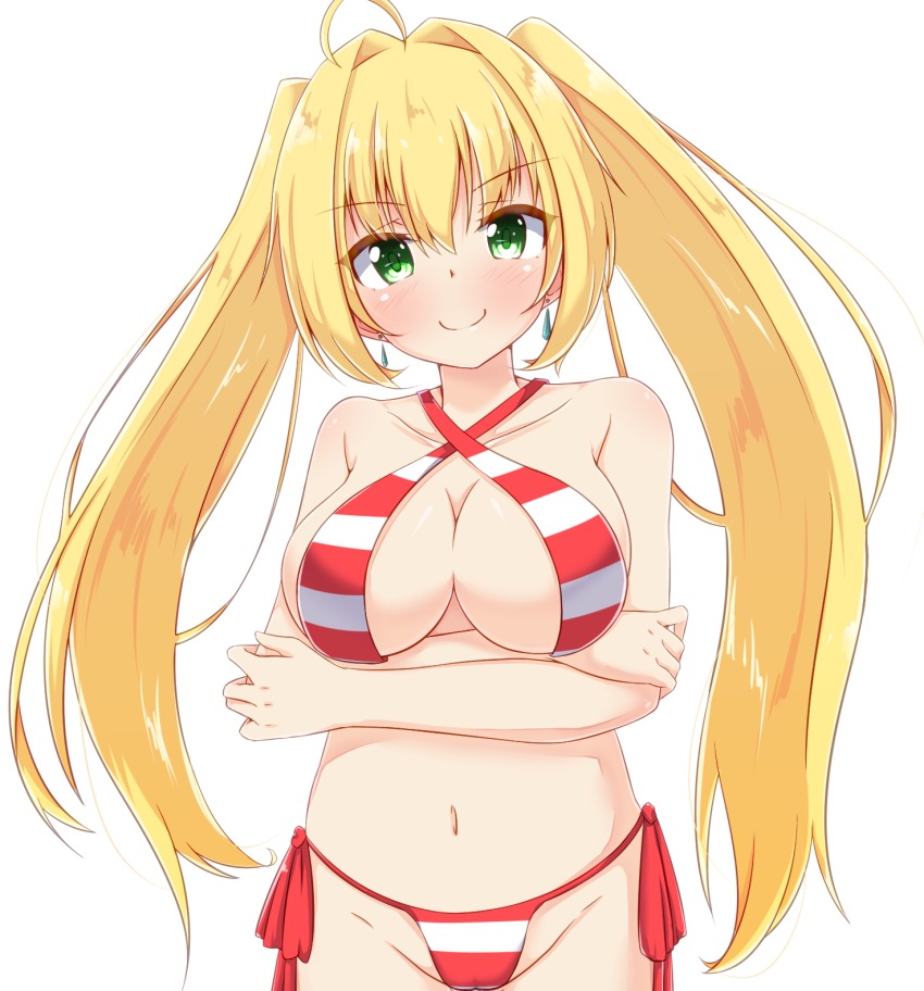 1girl ahoge blonde_hair blush breasts cleavage closed_mouth earrings fate/grand_order fate_(series) female_focus green_eyes hair_intakes halterneck highres jewelry large_breasts long_hair looking_at_viewer navel nero_claudius_(fate) nero_claudius_(fate)_(all) nero_claudius_(swimsuit_caster)_(fate) niku114514810 smile solo twintails