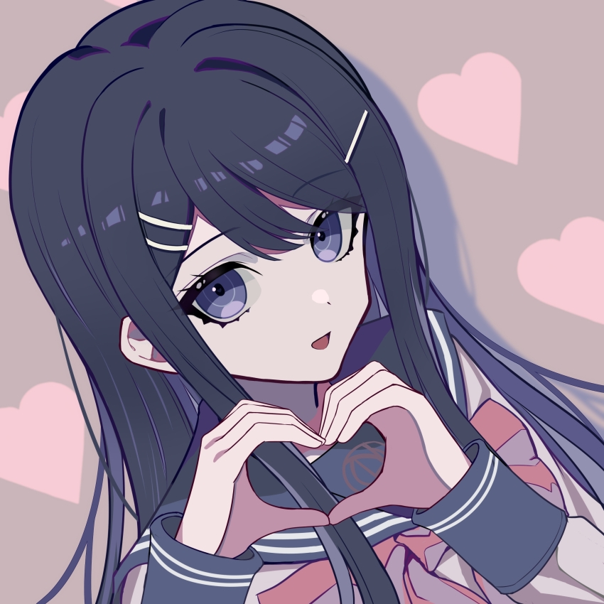 1girl absurdres black_hair blue_sailor_collar bow bowtie brown_background chinese_commentary colored_inner_hair commentary_request danganronpa:_trigger_happy_havoc danganronpa_(series) dot_nose eyelashes grey_hair hair_ornament hairclip heart heart_background heart_hands highres jiabingkele long_hair long_sleeves looking_at_viewer maizono_sayaka multicolored_hair open_mouth pink_bow pink_bowtie purple_eyes sailor_collar school_uniform serafuku shadow shirt sidelocks smile solo straight_hair upper_body white_shirt