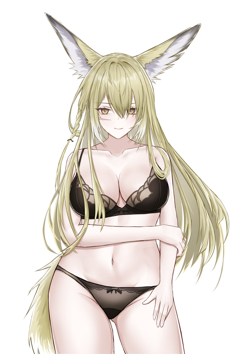 1girl absurdres animal_ears arknights black_bra black_panties blonde_hair bra breasts closed_mouth collarbone cowboy_shot facial_scar groin hair_between_eyes hand_on_own_arm hand_on_own_thigh highres large_breasts long_hair looking_at_viewer multicolored_hair navel panties scar scar_on_cheek scar_on_face simple_background smile solo standing streaked_hair tail underwear underwear_only vulpisfoglia_(arknights) white_background white_hair woon yellow_tail