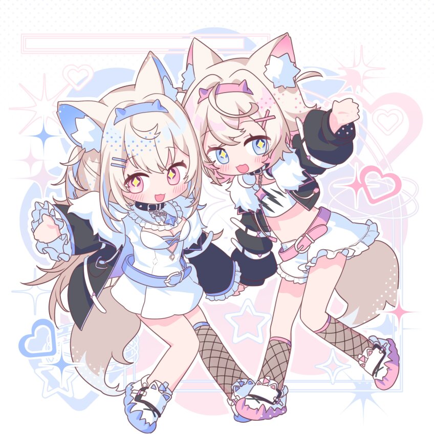 2girls absurdres animal_ear_fluff animal_ears belt blonde_hair blue_belt blue_eyes blue_hair blue_hairband collar dog_ears dog_girl dog_tail dress fake_horns fuwawa_abyssgard fuwawa_abyssgard_(1st_costume) hair_ornament hairband hairclip heart highres hololive hololive_english horns kio_is_here kneehighs long_hair long_sleeves mococo_abyssgard mococo_abyssgard_(1st_costume) multicolored_hair multiple_girls open_mouth outstretched_arm over-kneehighs pink_belt pink_eyes pink_hair pink_hairband shirt short_hair shorts siblings single_over-kneehigh single_thighhigh sisters socks streaked_hair symbol-shaped_pupils tail thighhighs twins two-tone_hair virtual_youtuber white_dress white_footwear white_shirt x_hair_ornament