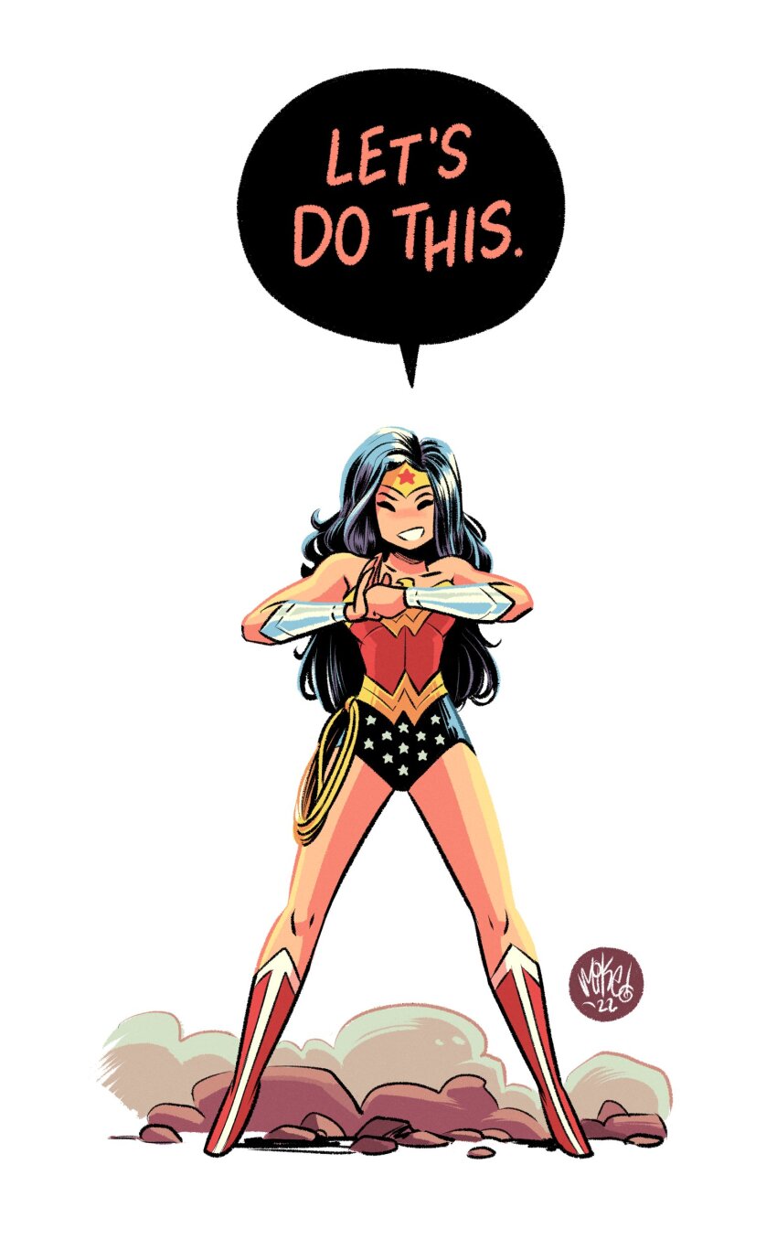 1girl absurdres black_hair boots bracer breasts cleavage commentary dc_comics english_commentary english_text full_body highres lasso_of_truth long_hair mikemaihack simple_background solo standing superhero_costume tiara western_comics_(style) white_background wonder_woman wonder_woman_(series)