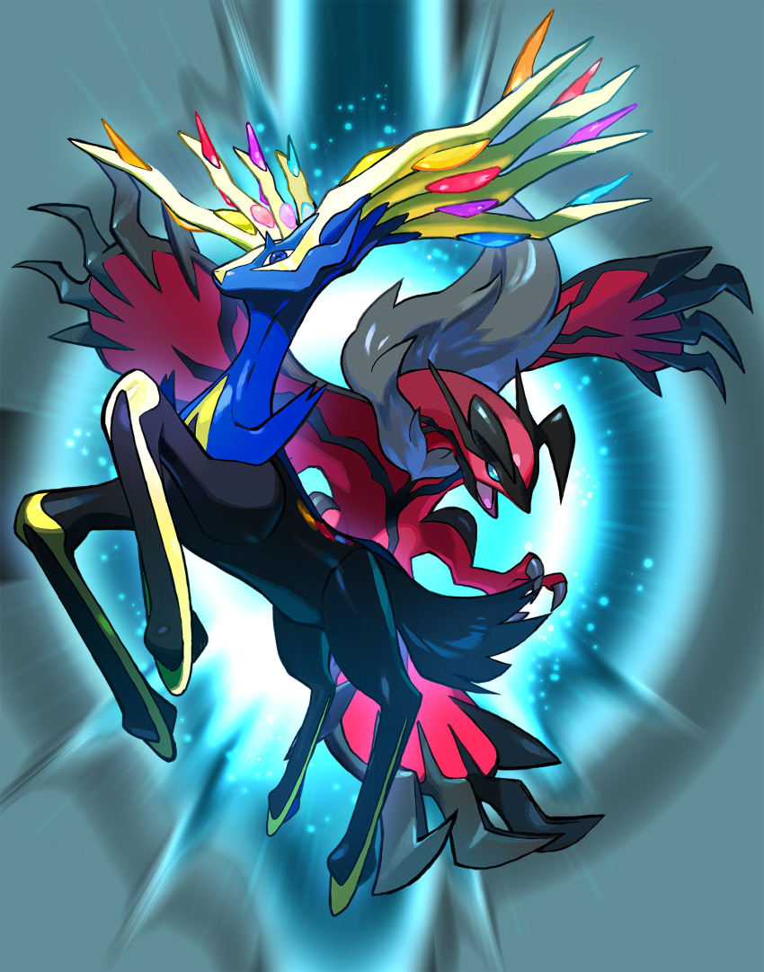 animal_focus antlers artist_request black_fur blue_eyes blue_fur blue_sclera claws colored_sclera creatures_(company) game_freak gen_6_pokemon highres horns legendary_pokemon nintendo no_humans official_art open_mouth pokemon pokemon_(creature) second-party_source talons wings xerneas yveltal