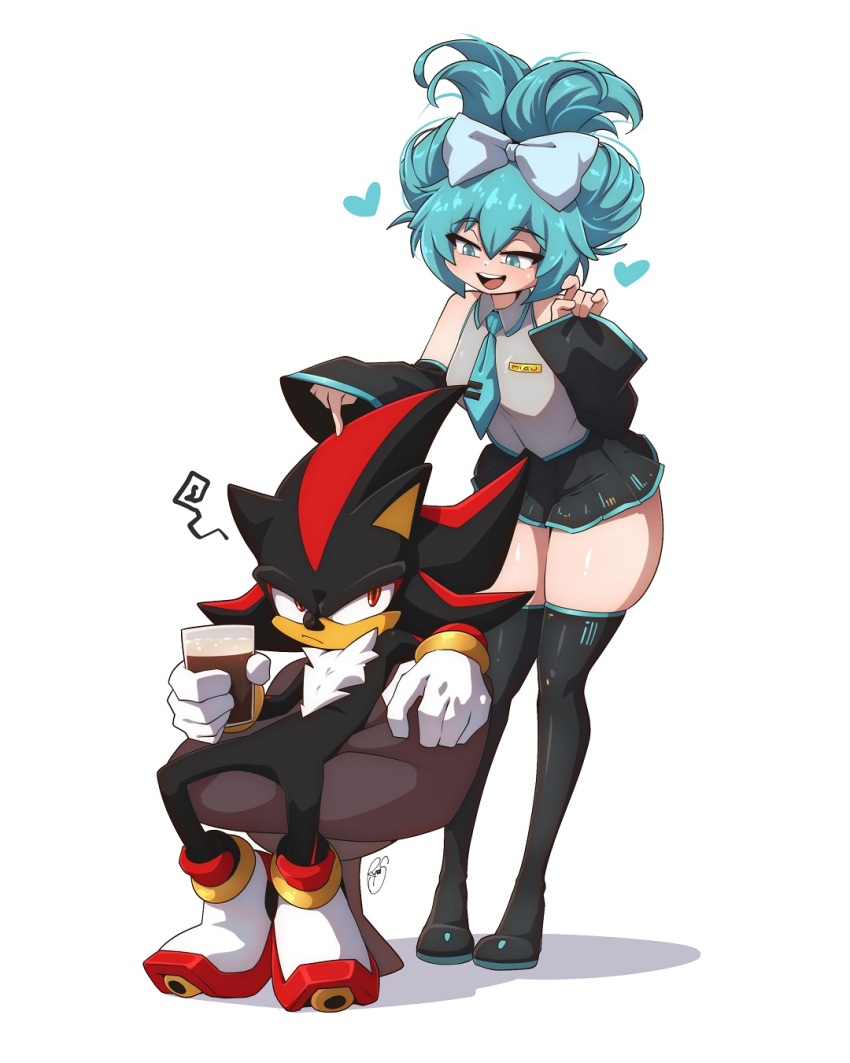 alternate_hairstyle animal_ears annoyed aqua_eyes aqua_hair black_fur cinnamiku cup furry furry_male gloves hashtag-only_commentary hatsune_miku hedgehog highres holding holding_cup ryou_sakai shadow_the_hedgehog simple_background skindentation sonic_(series) thick_thighs thighhighs thighs vocaloid zettai_ryouiki