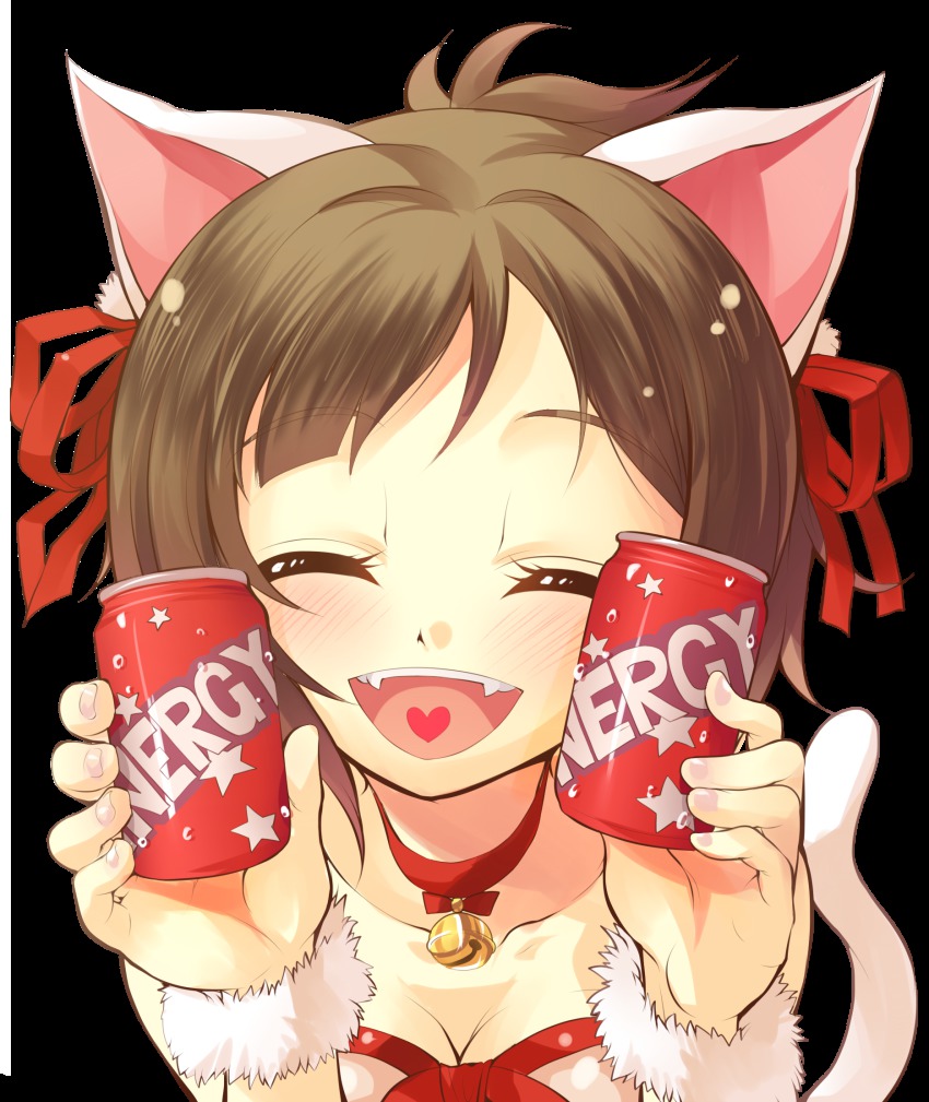 10s 1girl animal_ears bell breasts brown_hair cat_ears cat_tail fang fangs female_focus highres idolmaster idolmaster_cinderella_girls maekawa_miku medium_breasts ponytail solo tail tilm