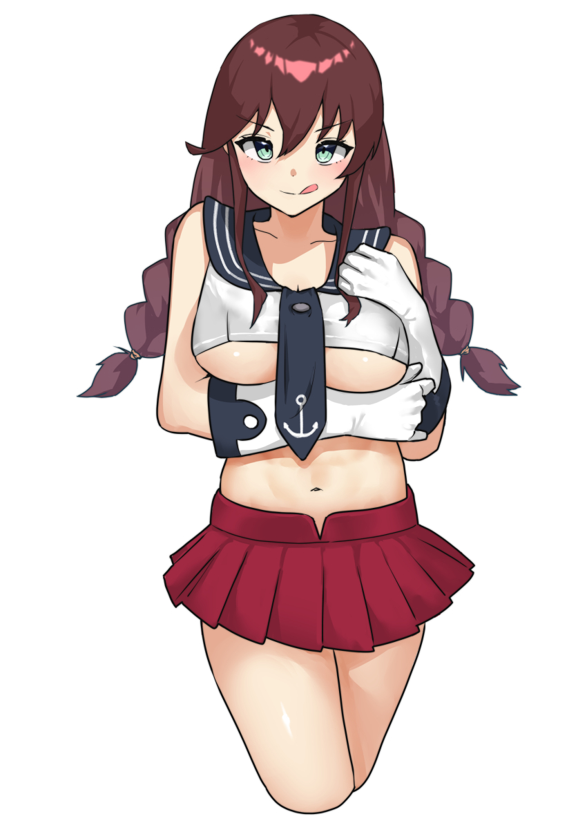 1girl :q absurdres anchor_symbol aqua_eyes arms_under_breasts blush braid breasts brown_hair crop_top cropped_legs gloves hair_between_eyes highres kantai_collection large_breasts long_hair looking_at_viewer midriff noshiro_(kancolle) pleated_skirt red_skirt school_uniform serafuku simple_background skirt solo tongue tongue_out twin_braids underboob white_background white_gloves yamano_rita