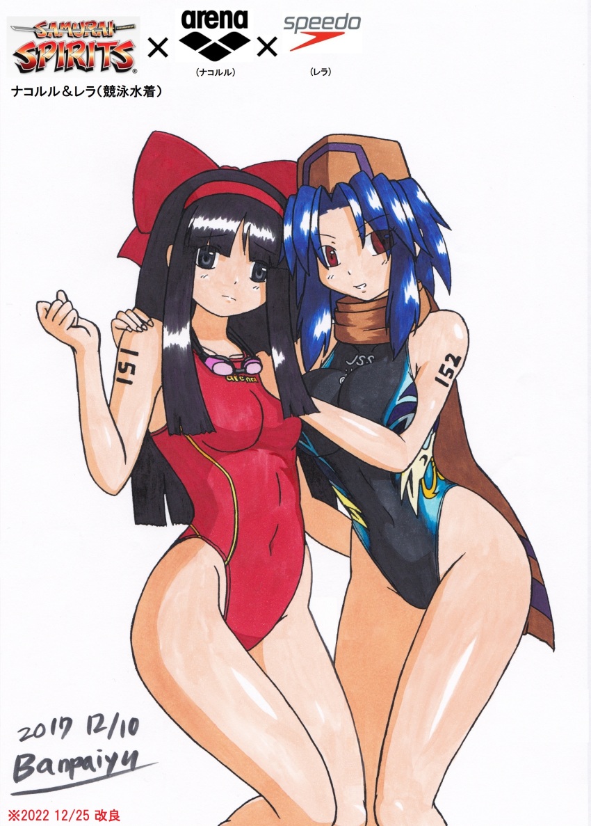 2girls absurdres artist_name banpaiyu blue_hair breasts competition_swimsuit copyright_name covered_navel curvy goggles goggles_around_neck grey_eyes hair_ribbon hat highres hime_cut large_breasts long_hair looking_at_viewer medium_breasts multiple_girls nakoruru one-piece_swimsuit purple_hair red_eyes rera ribbon samurai_spirits smile snk swimsuit thighs traditional_media