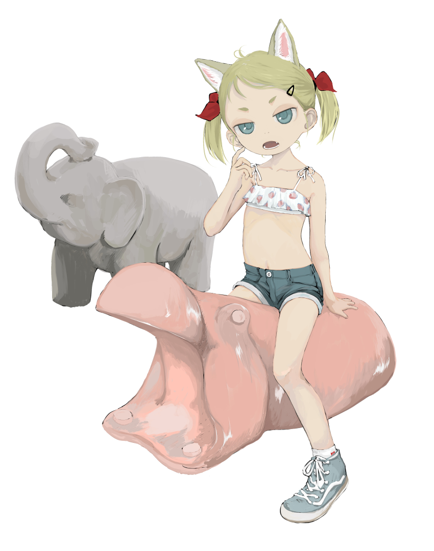 1girl absurdres animal_ears blonde_hair blue_eyes bow crop_top elephant fang food_print hair_bow highres hippopotamus midriff ohgnokuni open_mouth original short_shorts short_twintails shorts sitting skin_fang solo straddling strawberry_print twintails white_background