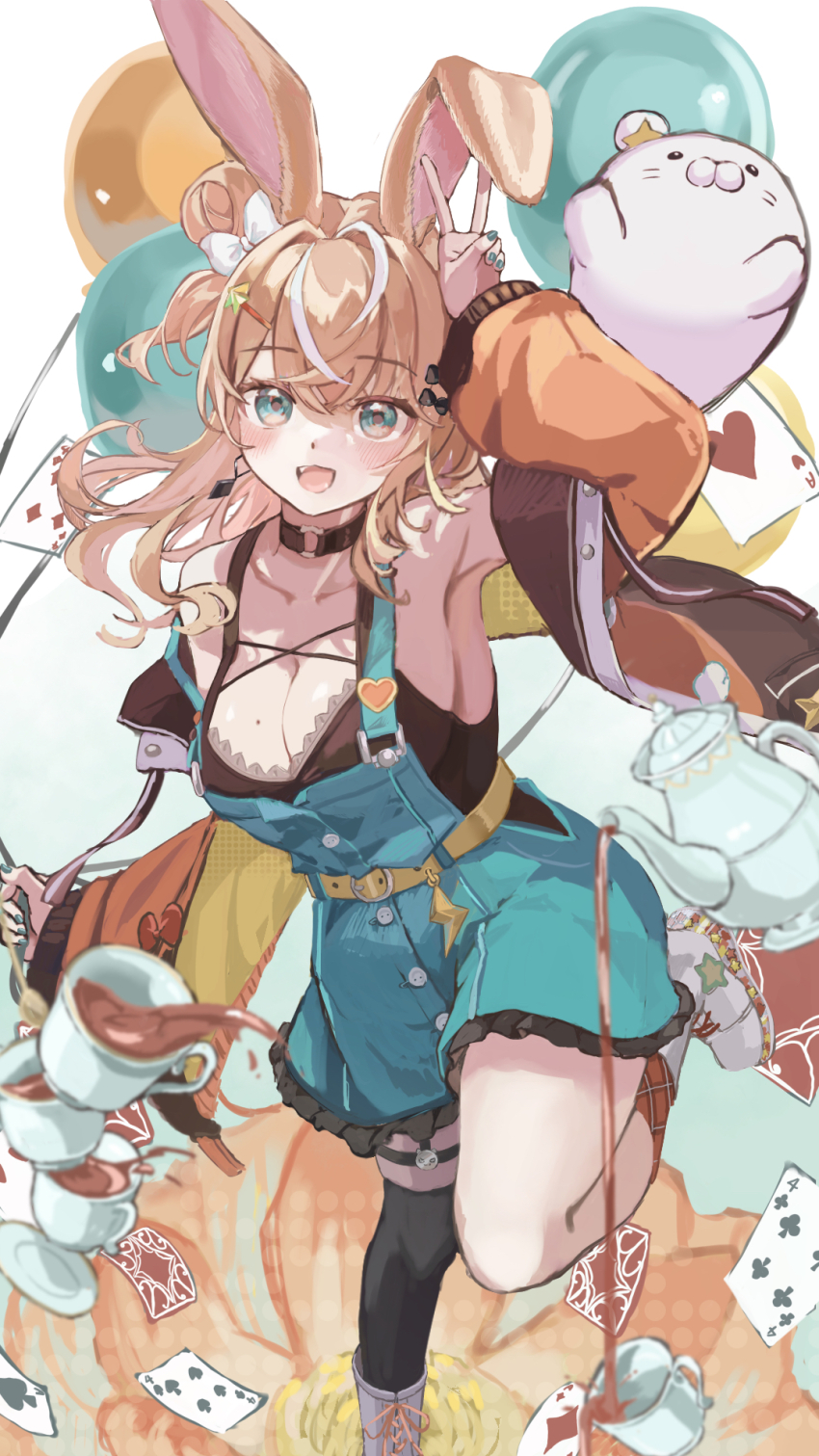 1girl :d animal_ears aqua_dress aqua_overalls balloon bare_shoulders belt black_bow black_choker black_dress black_thighhighs blue_eyes blush bow breasts card choker criss-cross_straps cup dress frilled_dress frills hair_bow hair_bun hair_ornament highres igarashi_rika igarashi_rika_(1st_costume) jacket long_hair long_sleeves looking_at_viewer mole mole_on_breast multicolored_hair nijisanji o-ring o-ring_choker open_mouth orange_hair orange_jacket overalls penta_(pepepen_28) playing_card pouring rabbit_ears saucer seal_(animal) shoes sideboob single_side_bun single_thighhigh smile sneakers solo standing standing_on_one_leg star_(symbol) star_hair_ornament streaked_hair tea teacup teapot thighhighs virtual_youtuber white_hair white_sneakers yellow_belt